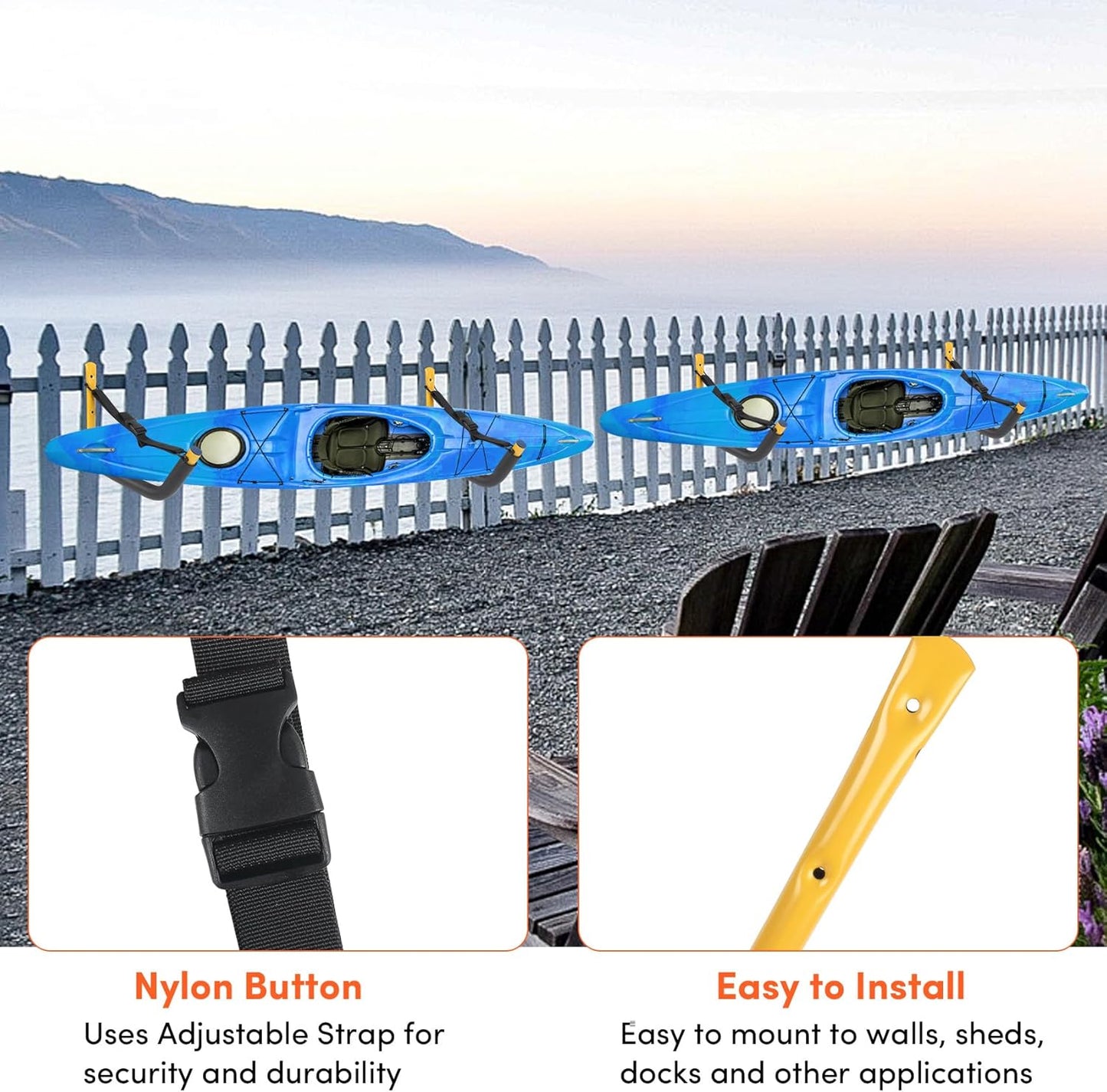 Kayak Storage Rack,Kayak Rack for Garage,Kayak Wall Mount Kayak Wall Rack with Nylon Straps,Heavy Duty Kayak Hanger Kayak Hook Suitable for Kayaks and SUP Paddle Board(4Pack,6 Colors)