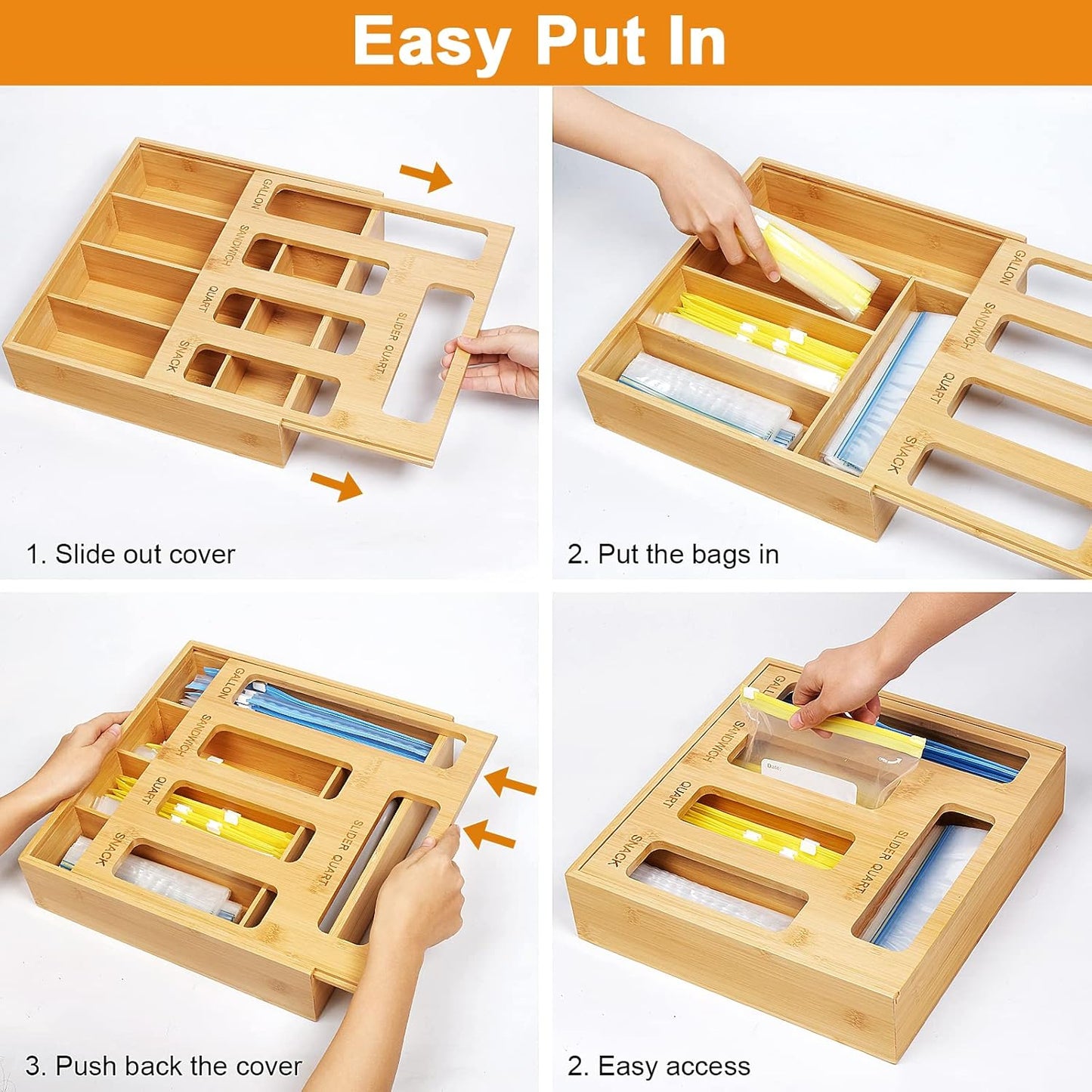 Plastic Bag Organizer for Drawer, Bamboo Food Storage Bags Container Organizer with Slider, Baggie Bags Storage for Drawer Compatible with Gallon, Sandwich Variety Size Bags