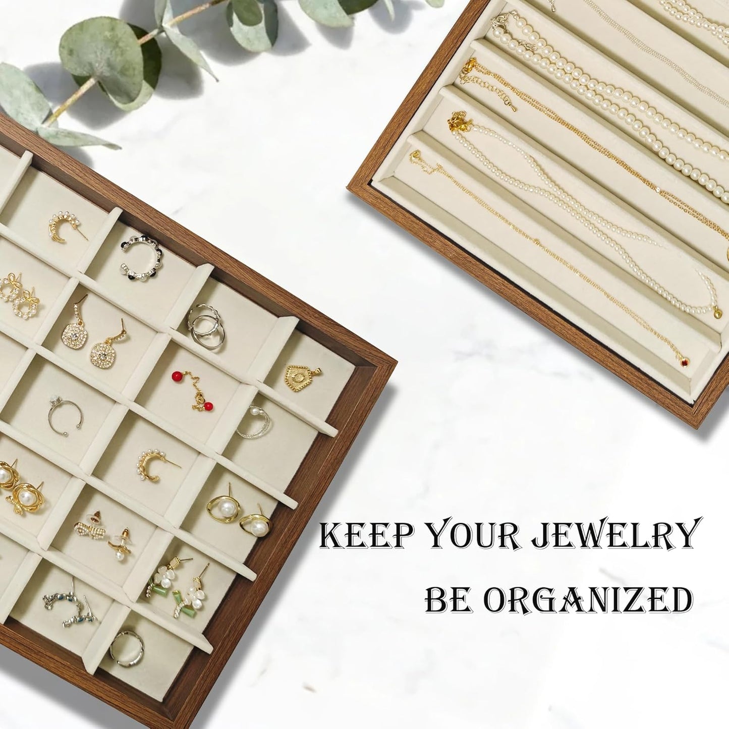 Large Jewelry Trays for Drawers Stackable Velvet Jewelry Display for Vendors Jewelry Drawer Organizer Inserts for Rings Necklace Bracelets Earrings and Studs Earrings (Beige, 30 Grid)