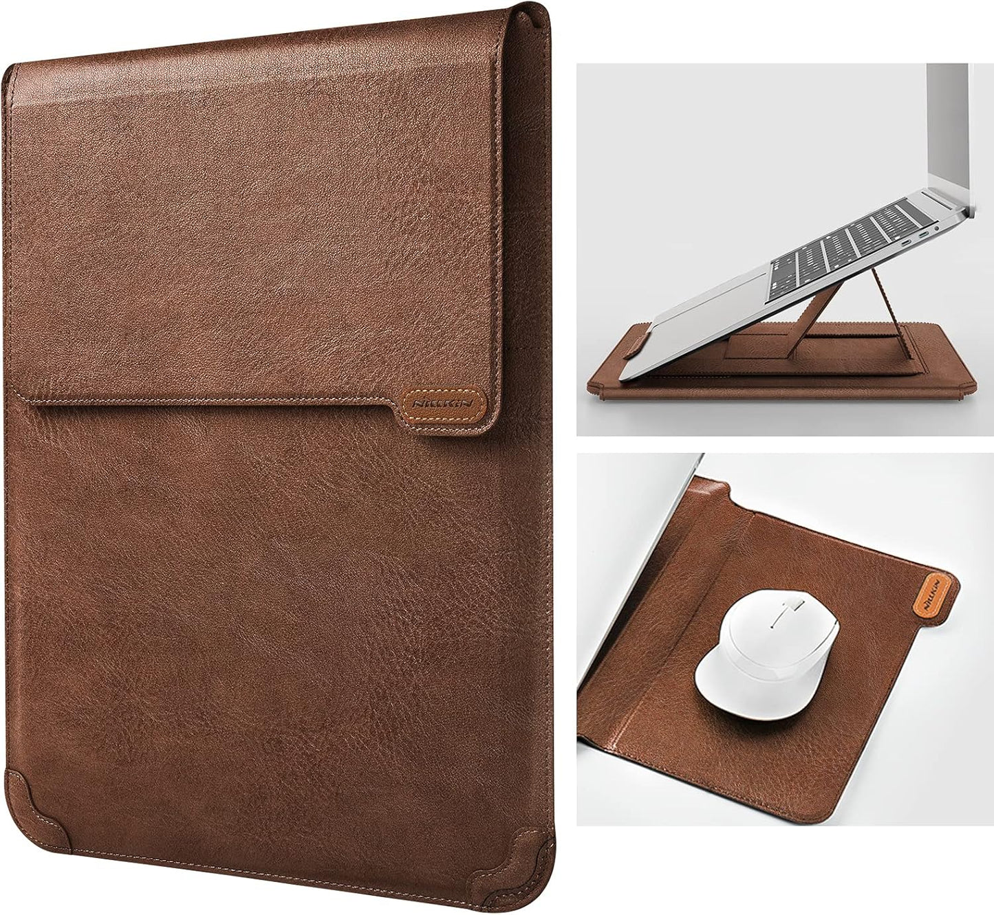 Nillkin Laptop Sleeve 15.6 inch, MacBook Sleeve with Adjustable Stand & Mouse Pad, 2 Stand Modes, 15 inch Laptop Case, Slim MacBook Accessories for Samsung/Surface/Chromebook/HP 13-15.6 inch, Brown