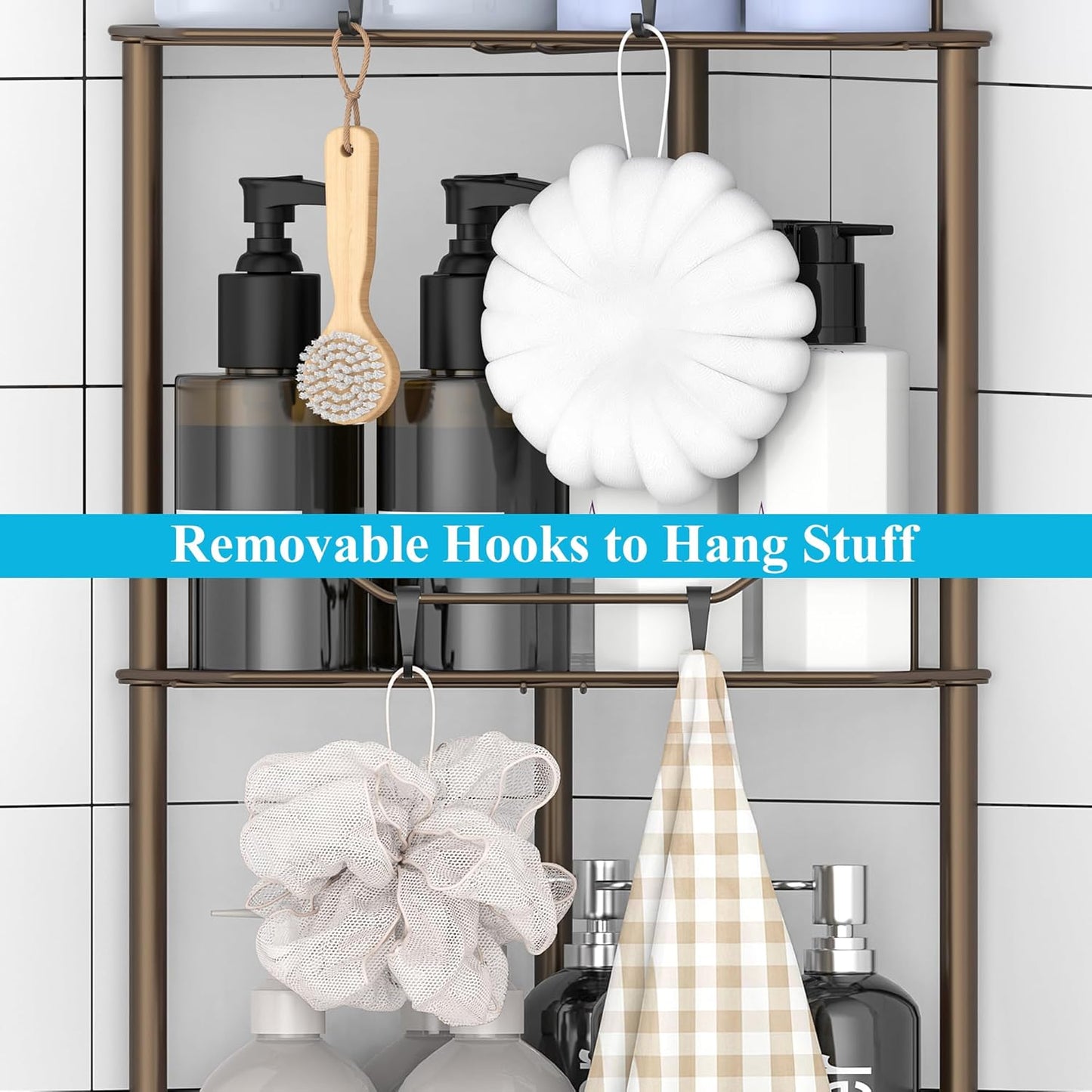 3 Tier Floor Standing Corner Shower Caddy Organizer Shelf with Hooks, Bathroom Shelves Stand Rack, Bronze
