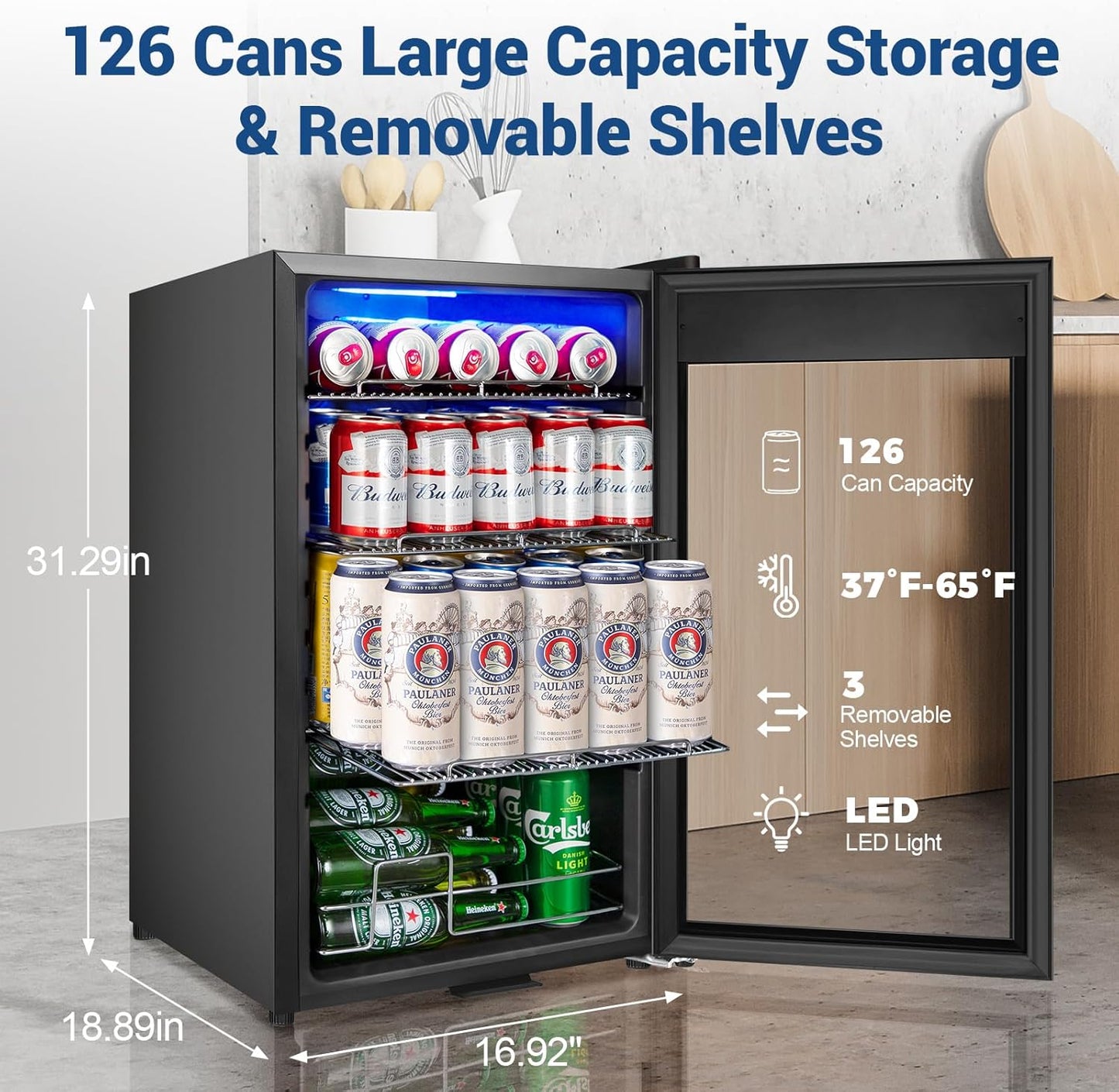 17 Inch Black Beverage Refrigerator- 126 Can Glass Door Beer Cooler with Temp Memory Freestanding Countertop Mini Fridge for Soda, Beer, Drinks Compact Drink Cooler for Home, Bar, Office
