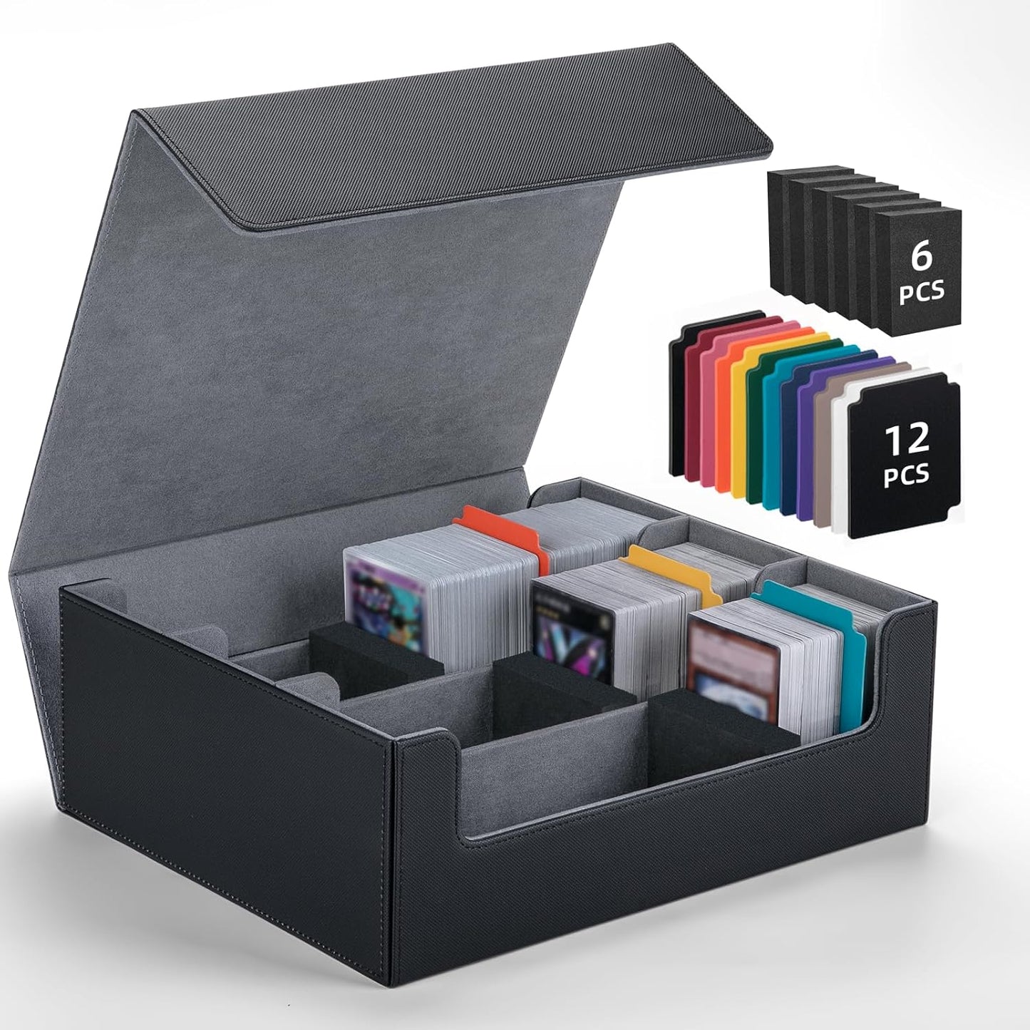 Trading Card Storage Box with 12 Dividers and 6 Foam Stoppers, Large Capacity Sturdy Leather Strong Magnetic Closure MTG Commander Deck Box, Case for TCG MTG Sport Card (Holds 1800+)