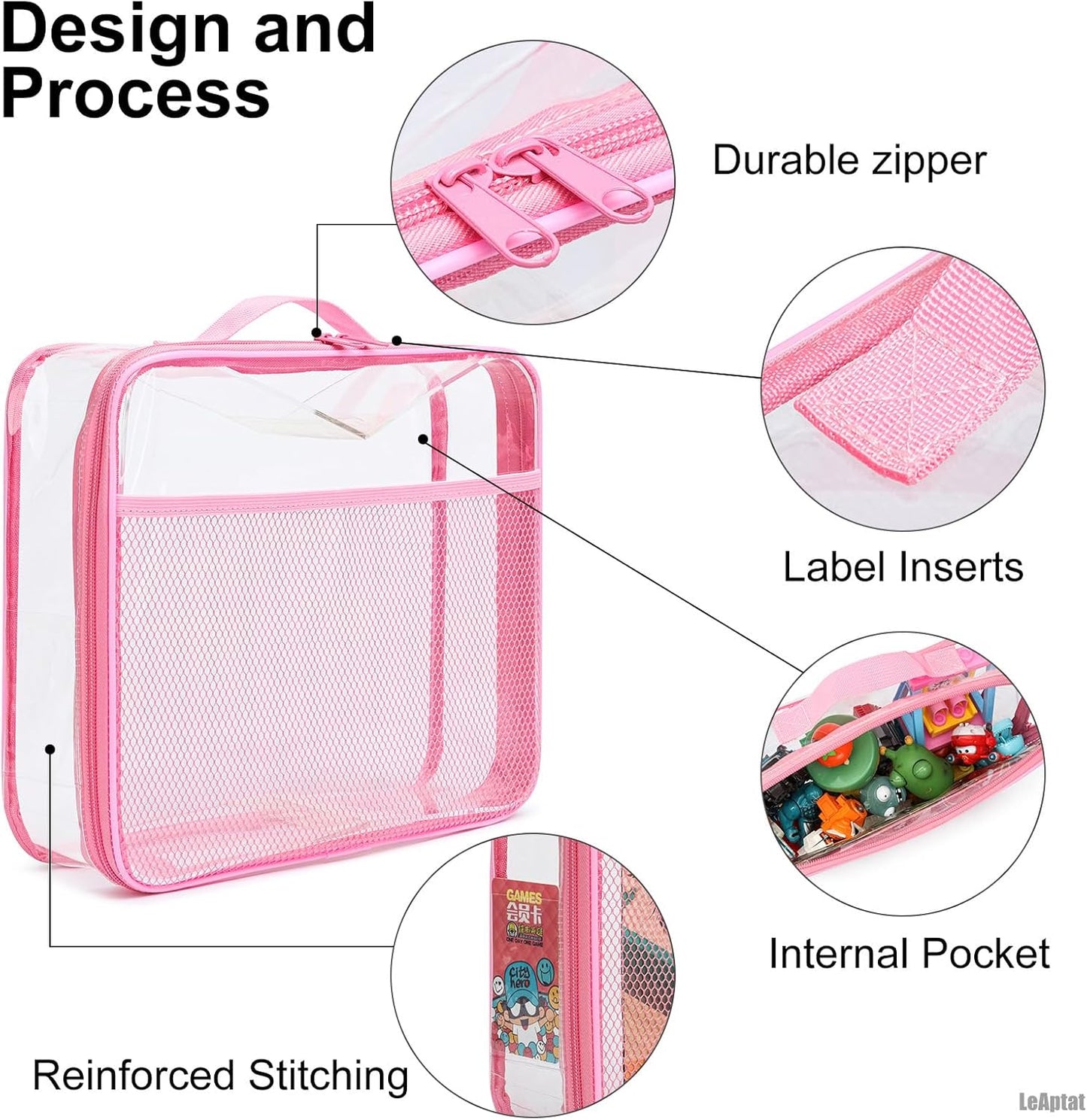 4 Pack Clear PVC Zippered Toy Storage Bags for Toy, Kids Toy, Building Blocks, Puzzle, Clay, Board Game Storage Organizer Travel Waterproof Toy Bag With Name Tag Pocket (Pink, Samll)