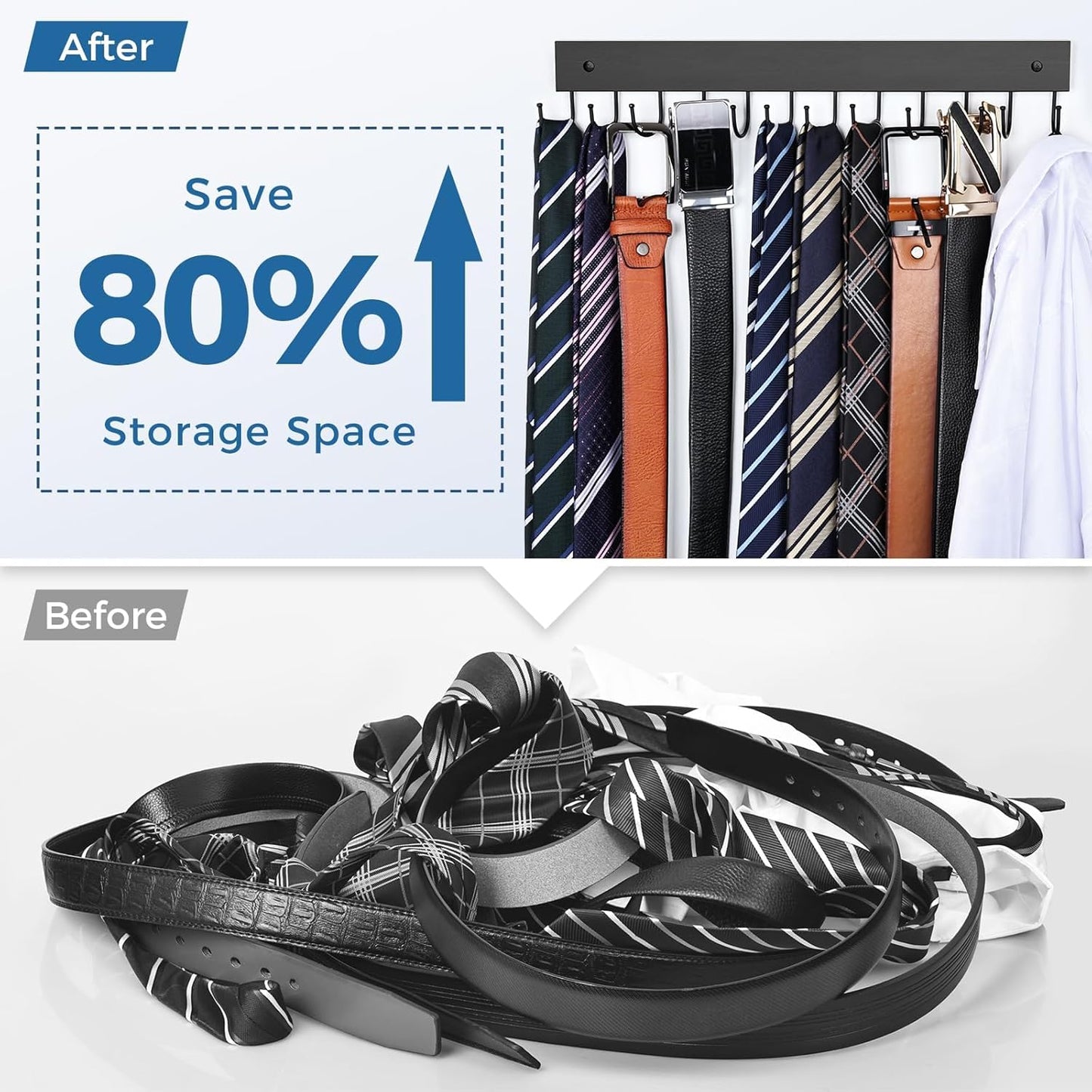 Belt Hanger Wall Mounted, Wooden Belt Organizer 2 Pack Max 24 Storage Capacity, 180° Rotating Space Saving Hangers for Ties, Tank Tops, Scarves, Bras, Keys, Bags Halloween Black