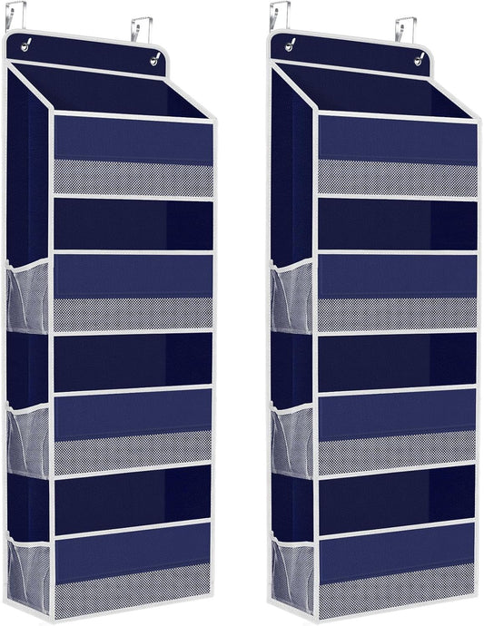 2 Pack Over The Door Organizer, Hanging Storage Organizer with Clear Window, 40lb Ultra Sturdy Large Capacity Room Organizer for Pantry Laundry Bathroom Nursery Closet (Blue)