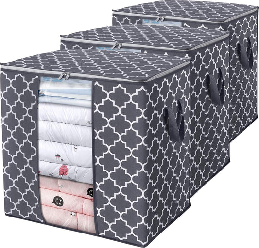 WISELIFE Storage Bags [3 Pack/100L] Large Blanket Clothes Organization and Storage Containers for Comforters,Bedding, Foldable Organizer with Reinforced Handle, Clear Window, Sturdy Zippers,Gray