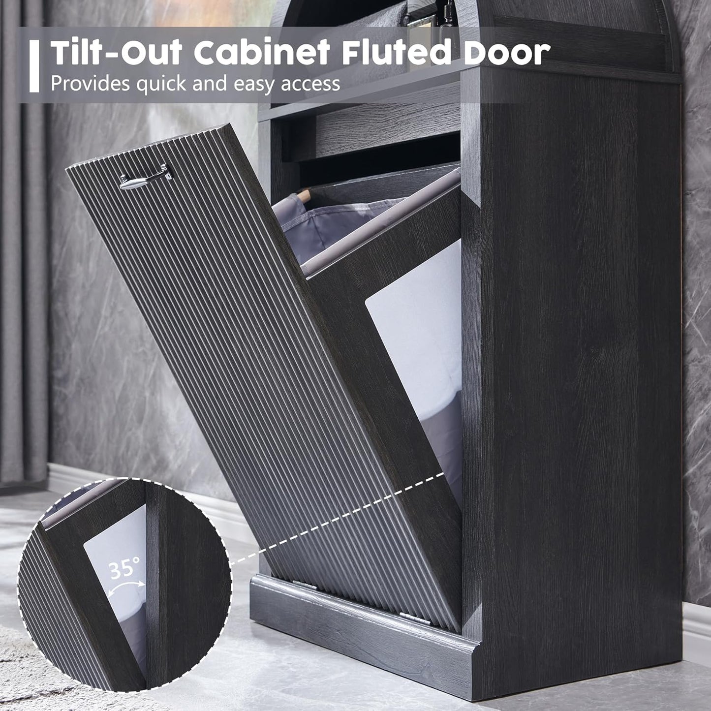 Arched Tilt-Out Trash Can Cabinet, Fluted 10 Gallon Trash Can with Open Shelf, Modern Laundry Hamper Cabinet, Hidden Garbage Can with Storage Basket for Kitchen, Living Room, Dark Grey