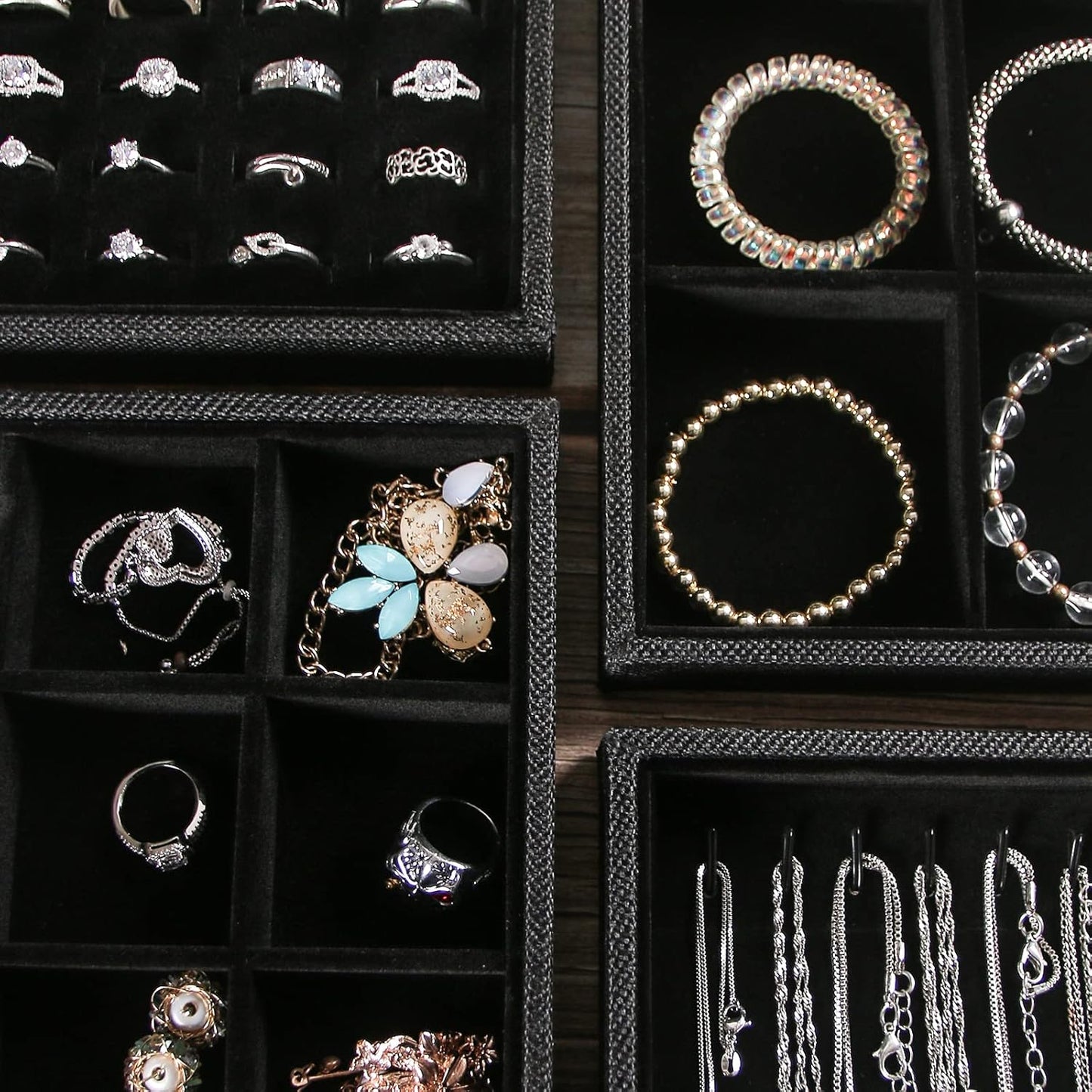 Julysky 4 Pcs/set Stackable Jewelry Organizer Trays for Drawer,100 Slots Ring Tray，Necklace Tray,12 Grid,24 Grid Jewelry Displays for Selling,Black