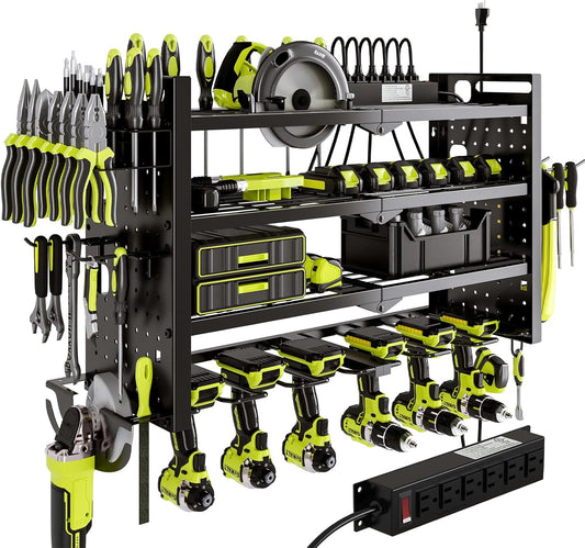 Power Tool Organizer Wall Mount with Charging Station 4 Layer 6 Slot Cordless Drill Holder with Angle Grinder Holder (Black)