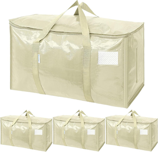 TICONN 4 Pack Extra Large Moving Bags with Zippers & Carrying Handles, Heavy-Duty Storage Tote Moving Boxes for Space Saving (4 Pack, Cream)