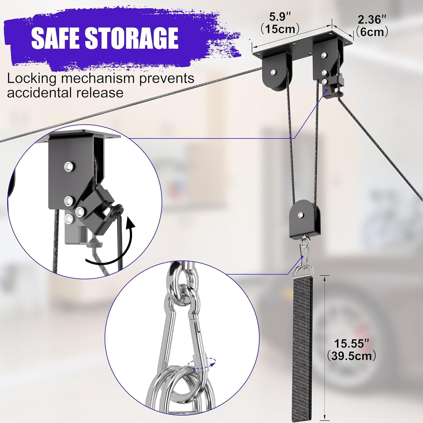 Bike Hoist, Heavy Duty Ebike Lift Pulley System for Garage Ceiling Overhead Storage for Bicycle, Ladders, Snowboard, Holds Up to 85 lbs Capacity, Fit 10-16 Foot High Ceilings