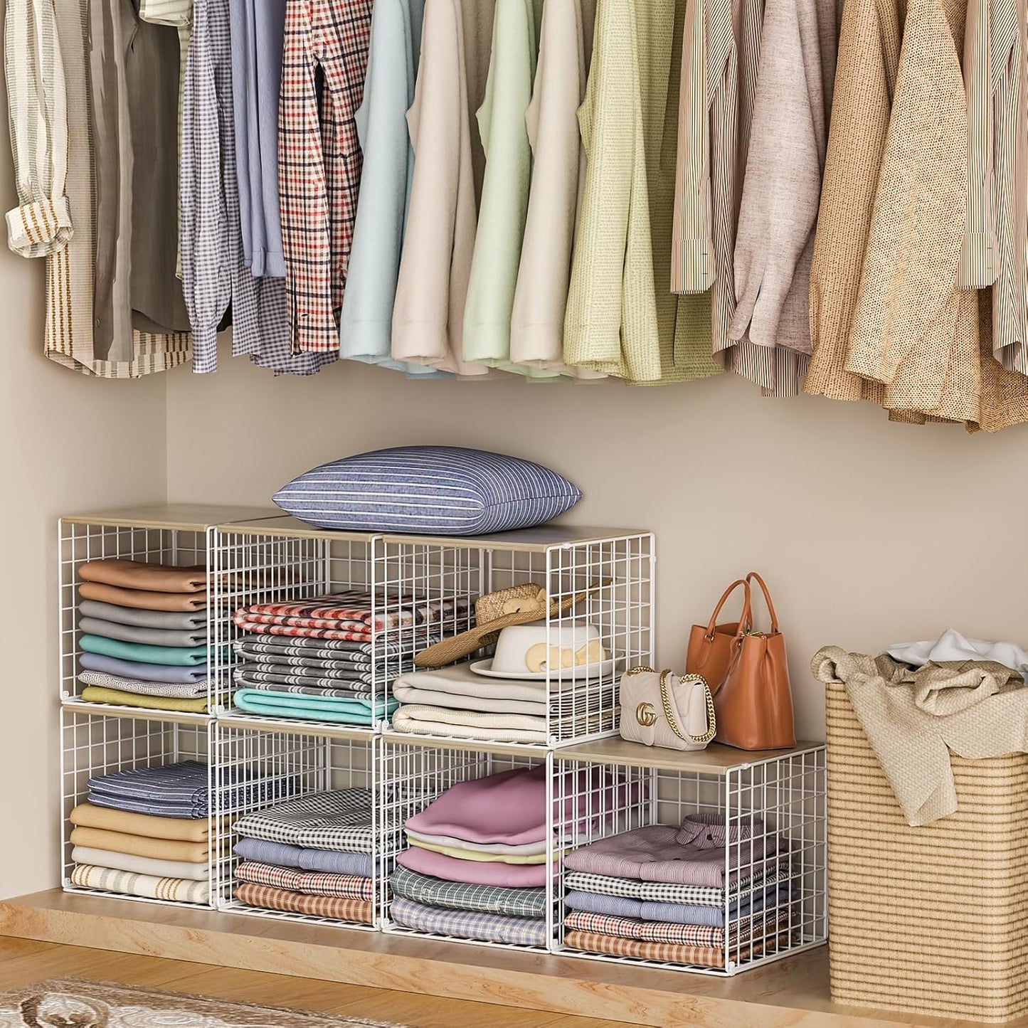 3PCS Stackable Closet Organizers and Storage, Closet Shelves with Wood Top Extra Storage, Clothes Storage Organizer Basket Bin/Cube for Home Wardrobe Organization(White-Sturdy Metal) Patent Pending