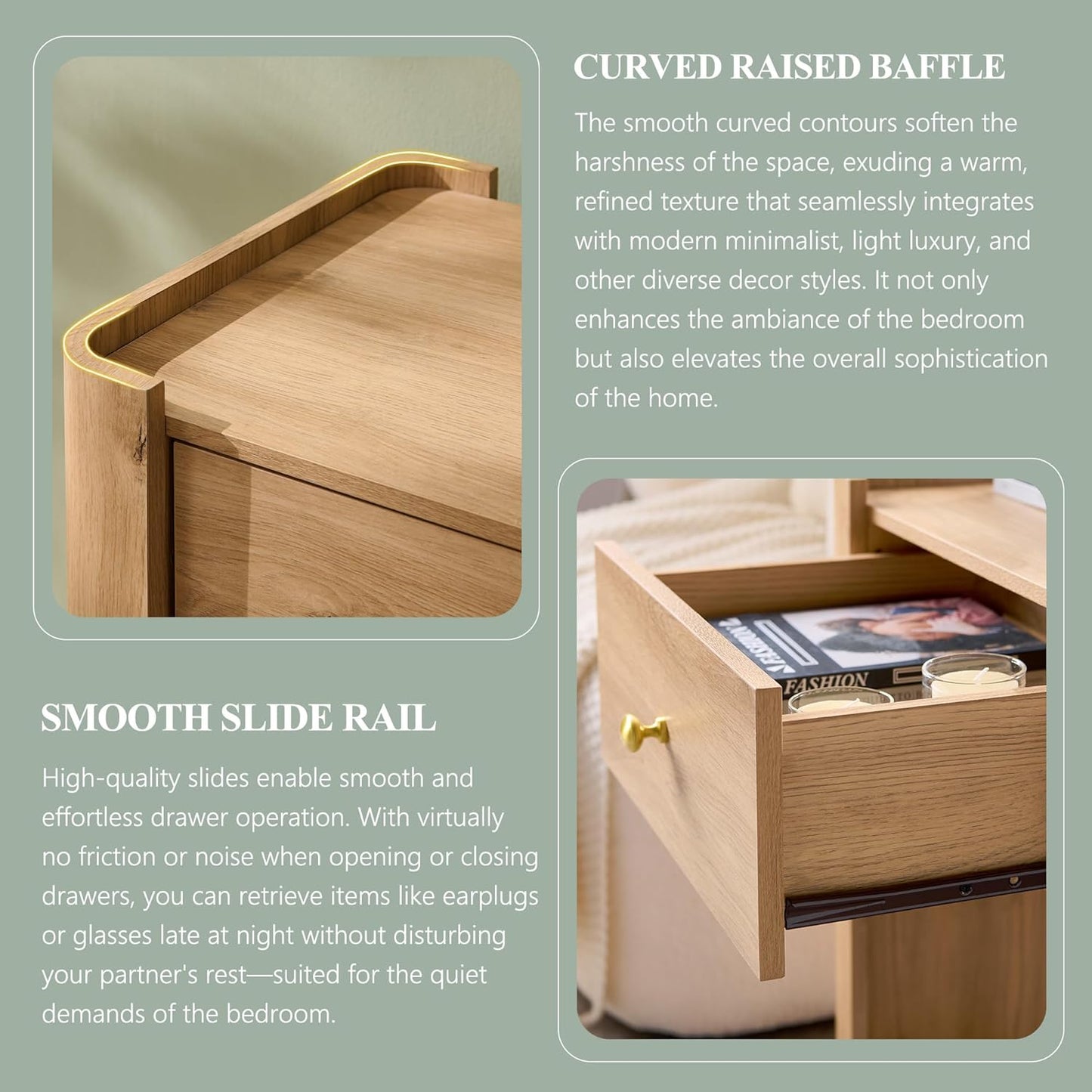23.6" Tall Modern Nightstand with Charging Station, 22" Wide Curved Bedside Table with 1 Storage Drawer, Wooden Night Stand, Large End Table for Bedroom, Living Room, Natural