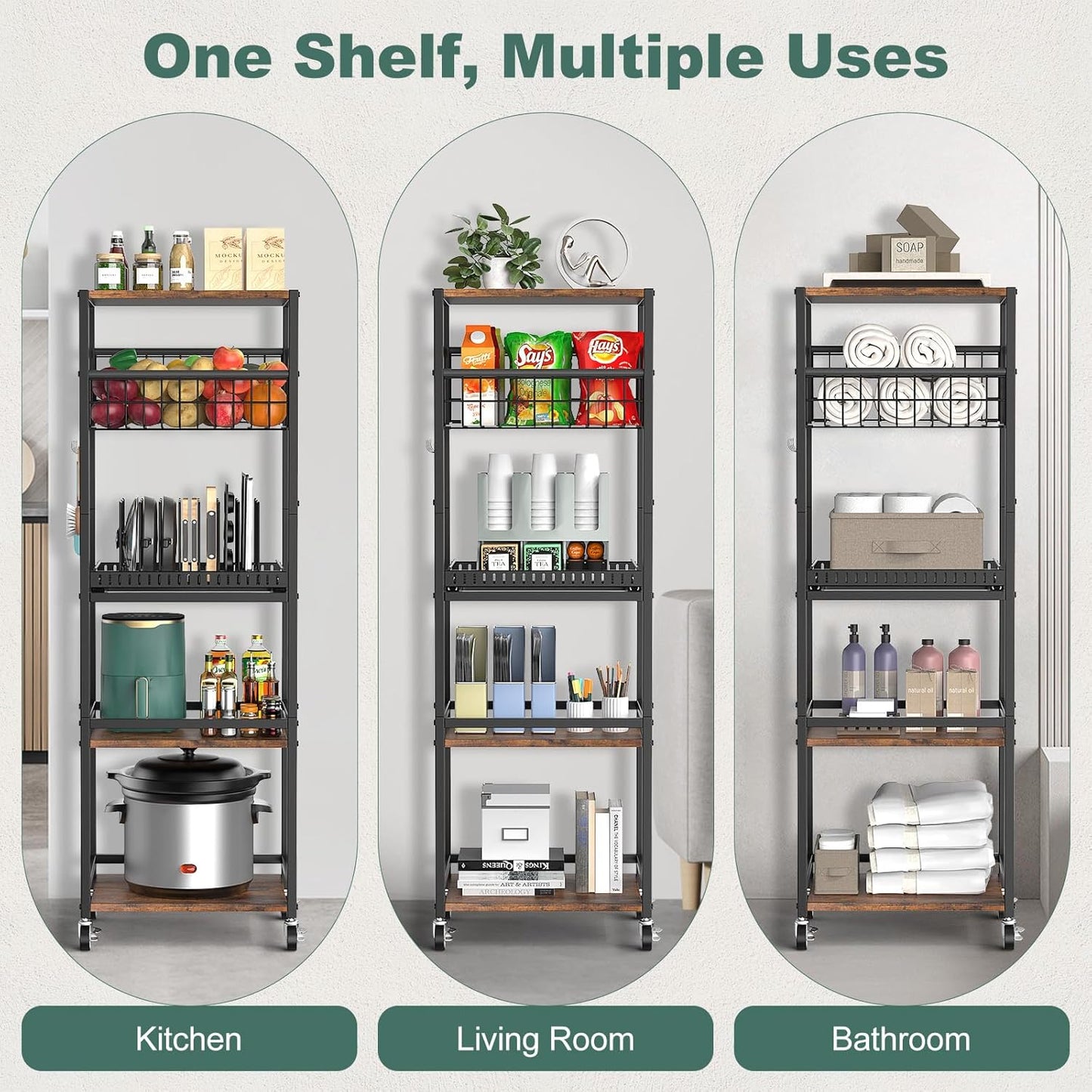 Housolution 5 Tier Kitchen Rolling Cart, Storage Cart with Metal Fruit Vegetable Basket and Pull-Out Pot Lid Cutting Board Organizer, Storage Rack with Wooden Top for Kitchen, Pantry, Bathroom