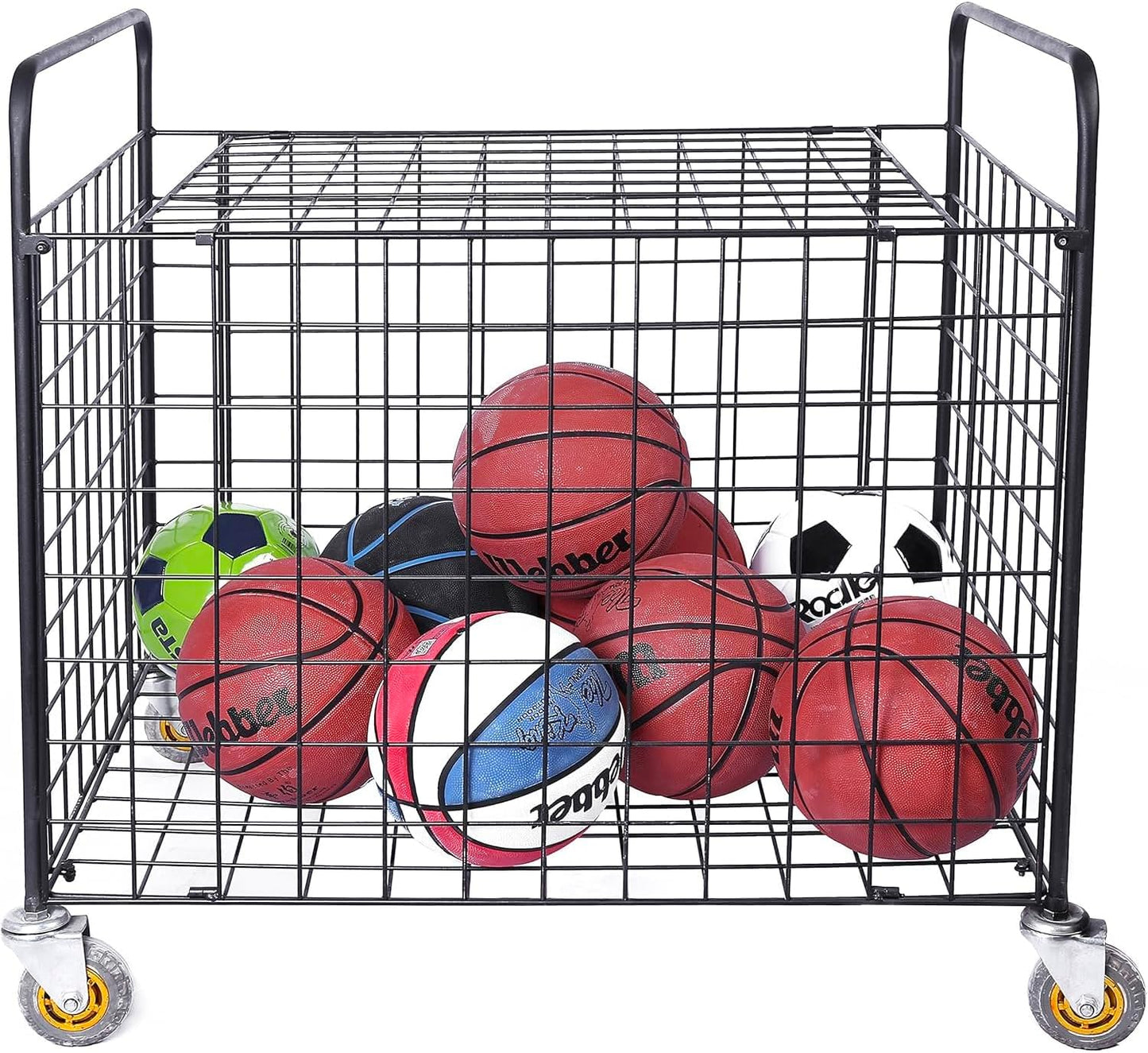 MyGift Professional Gym Metal Multi Sports Ball Storage Cart with Jumbo Industrial Wheels, Commercial Grade Portable Equipment Locker Cage for Basketball, Football, Soccer, Volleyball