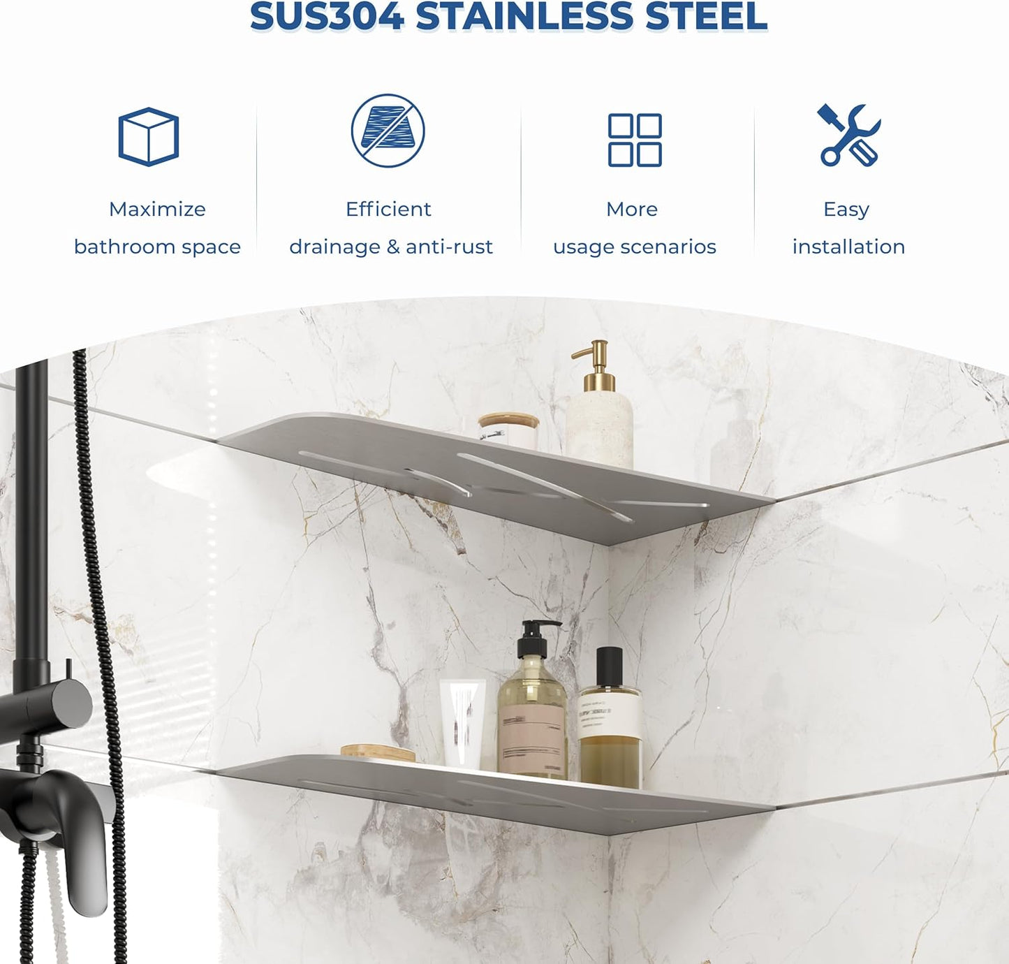 FerdY 2-Pack 12" Brushed Nickel Recessed Corner Shower Shelf, for Tiled Bathroom Walls, 304 Stainless Steel Floating Shower Shelf, Shower Caddy Storage Shelves, No Drilling Required, Trapezoidal