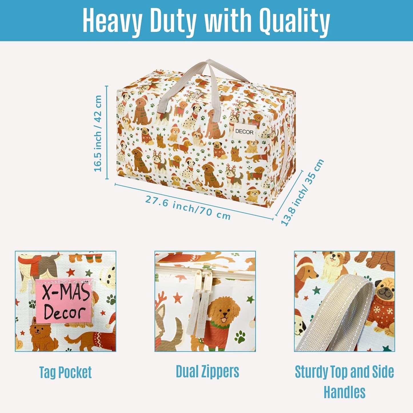 VENO 2 Pack Moving Bags and Large Christmas Decoration Storage Bins with lids. Alternative to Moving Boxes, Packing Supplies for College. Heavy Duty Totes (Holiday Pups, 2 Pack)