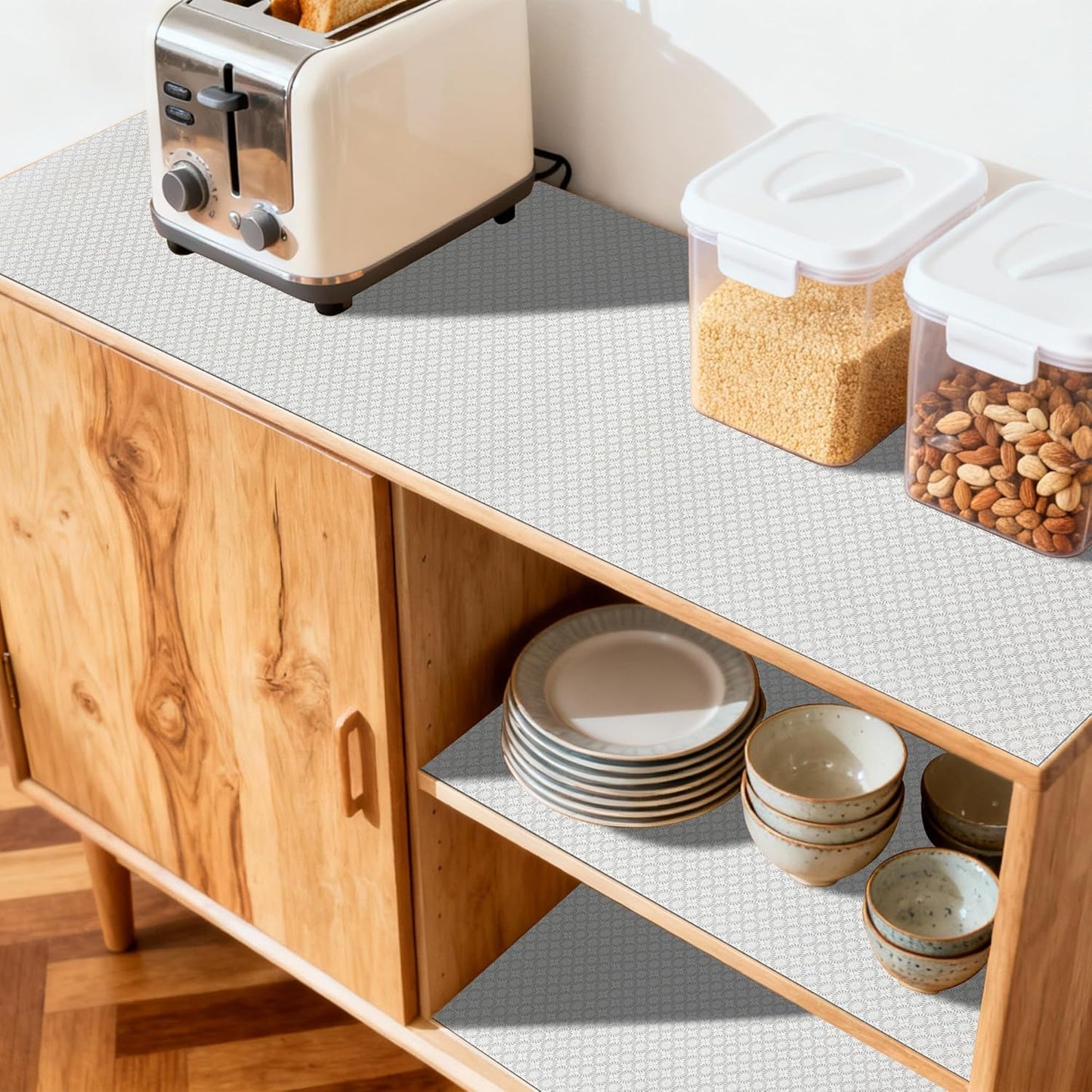 FIFTY FEET 12"x120" Non-Adhesive Shelf Liner for Kitchen Cabinets and Drawers, Washable Non-Slip PVC Cabinet Liner (White Circle)(1 Roll)