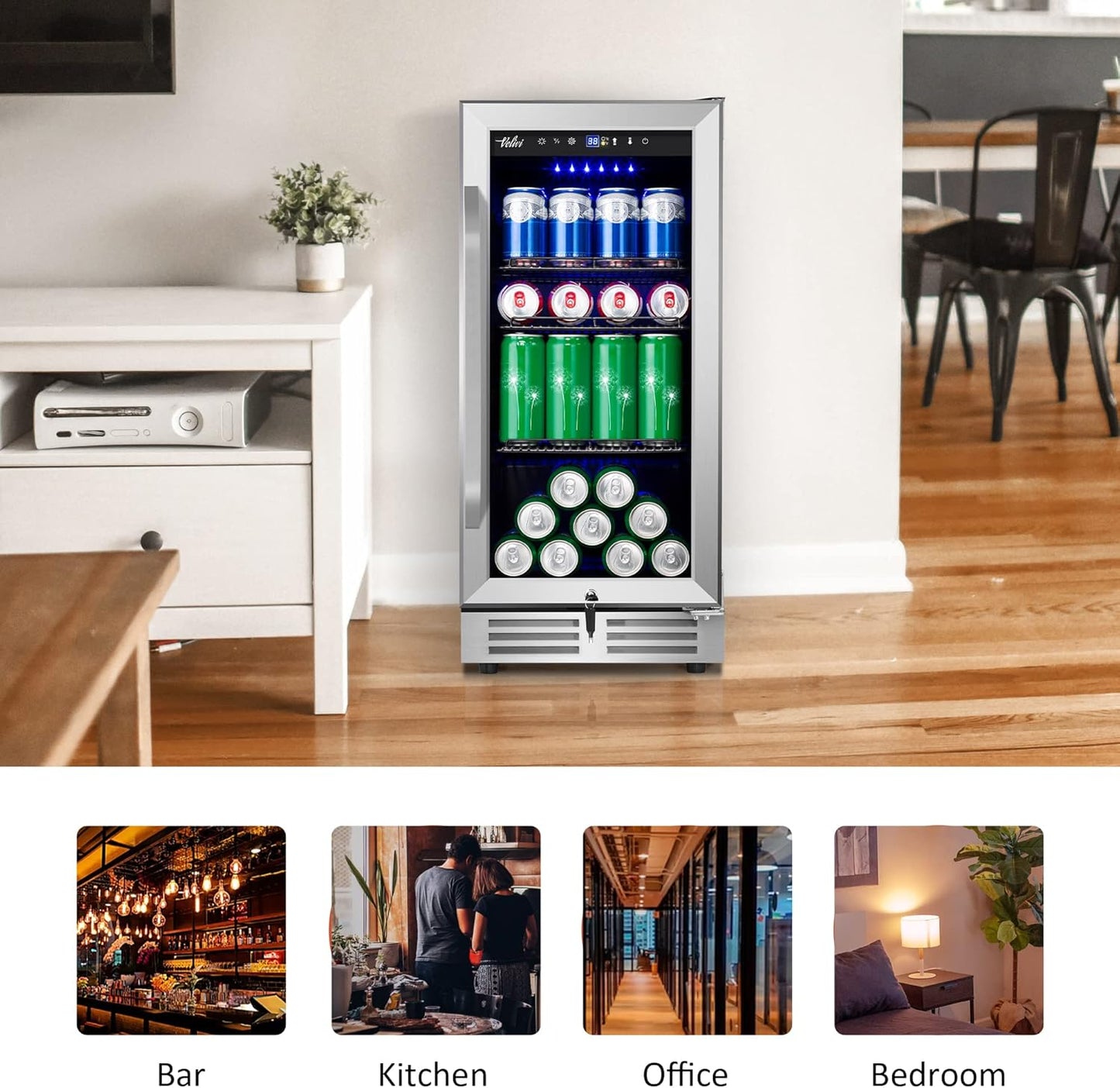 15 Inch Beverage Refrigerator - 125Cans Capacity Drink Cooler Under Counter Mini Fridge with Glass Door, Safety Lock Built-in or Freestanding Refrigerator for Soda, Beer, Wine