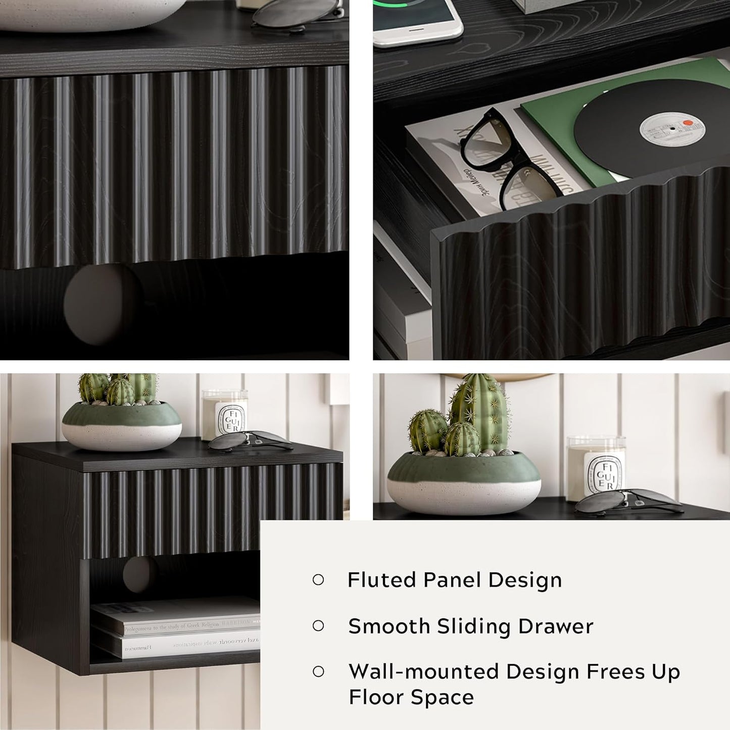 Floating TV Stands Set of 4 with Drawer and Open Shelf, Small Wall Mounted Bedside End Table, Modern Fluted Night Stand for Bedroom, Living Room, Black