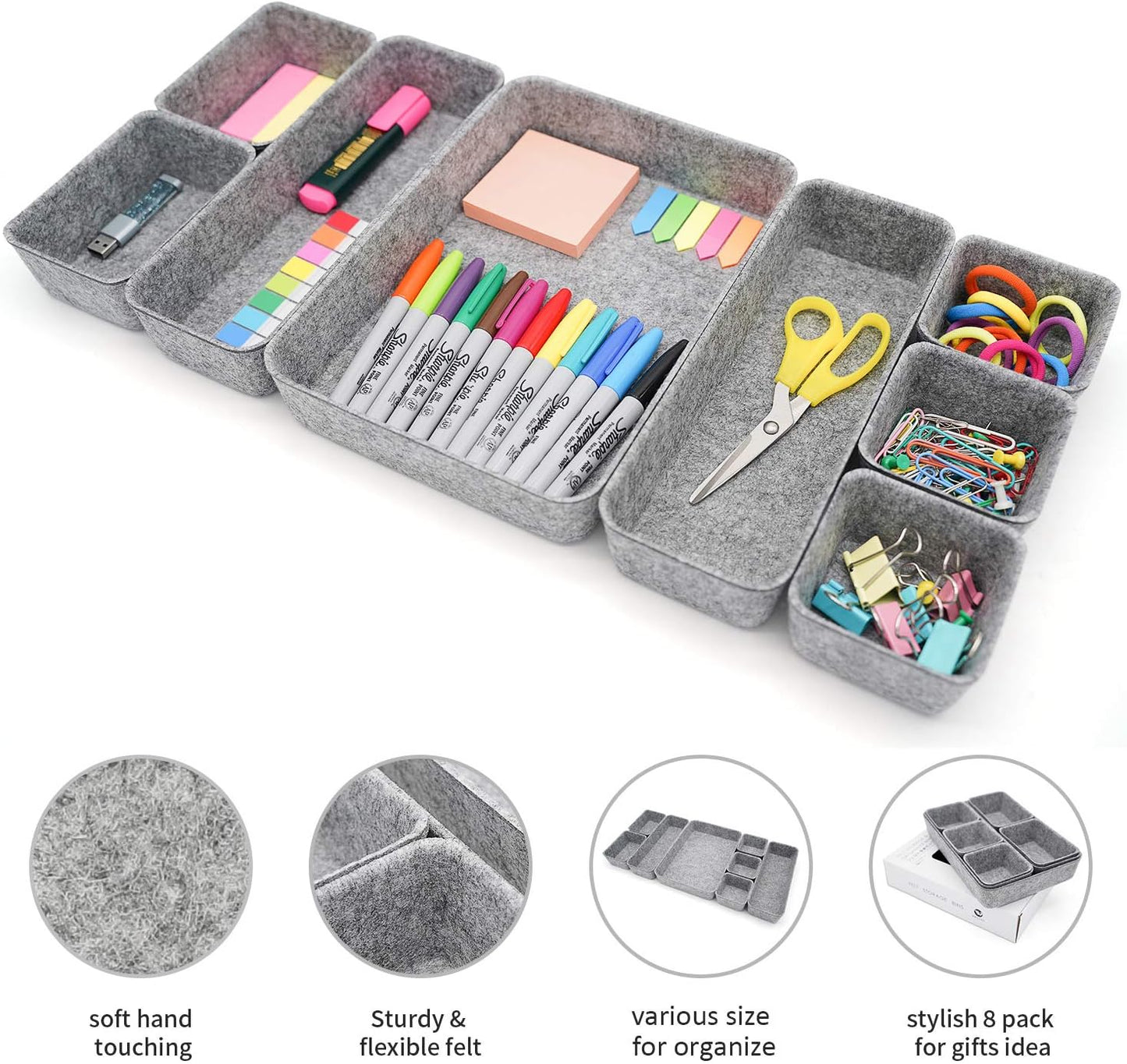 Welaxy Desk Drawer organizers tray Felt storage bins aesthetics room décor for home office dorm closet decluttering minimalist lifestyle (Gray)
