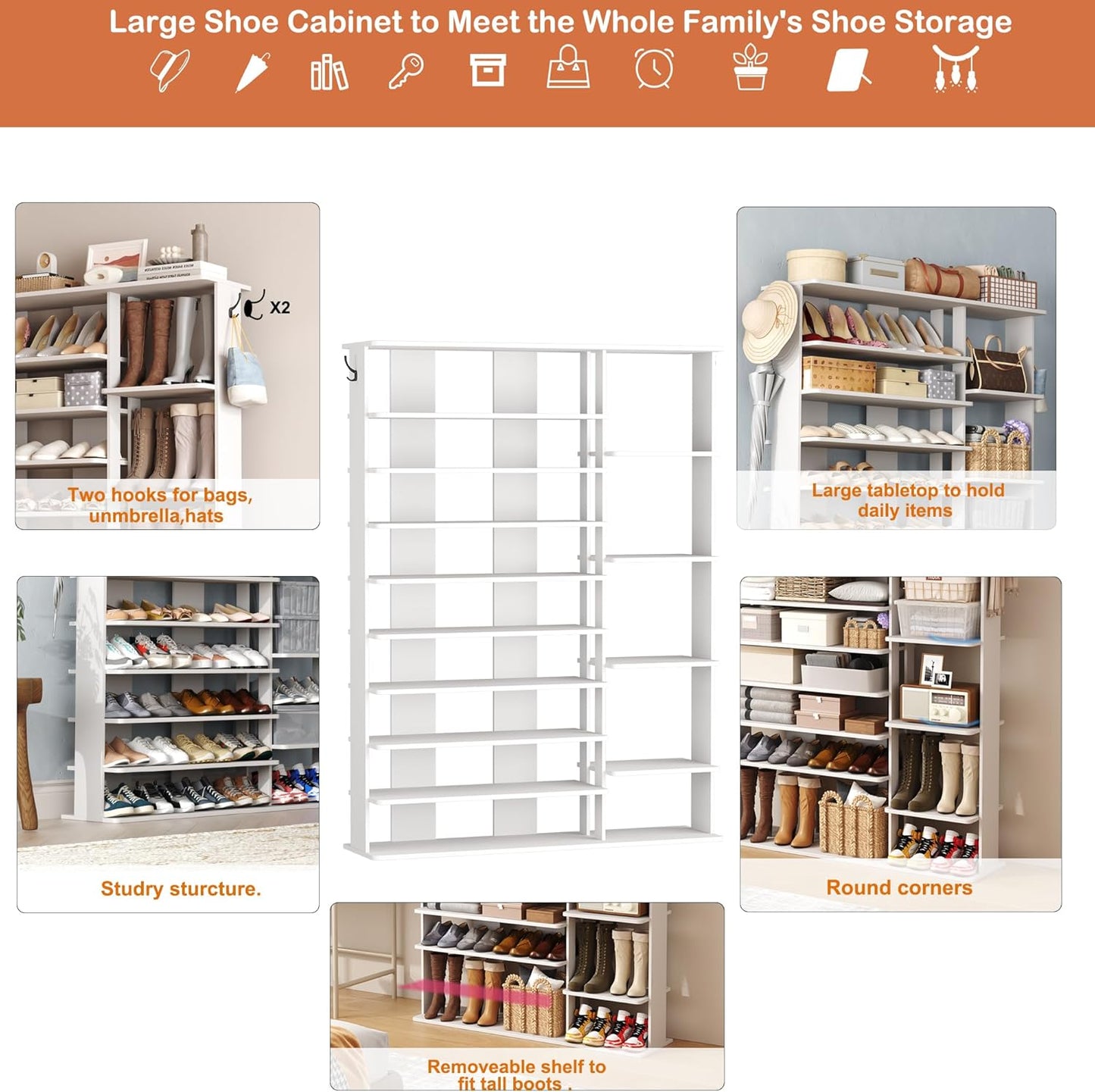 HOMEFORT 10 Tiers Shoe Rack, 50 Pairs Large Shoe Shelf, 61.8" Tall Shoe Tower, Freestanding Shoe Rack Organizer with Open Shelves, Wood Shoe Stand for Boot Storage, for Closet, Entryway, White