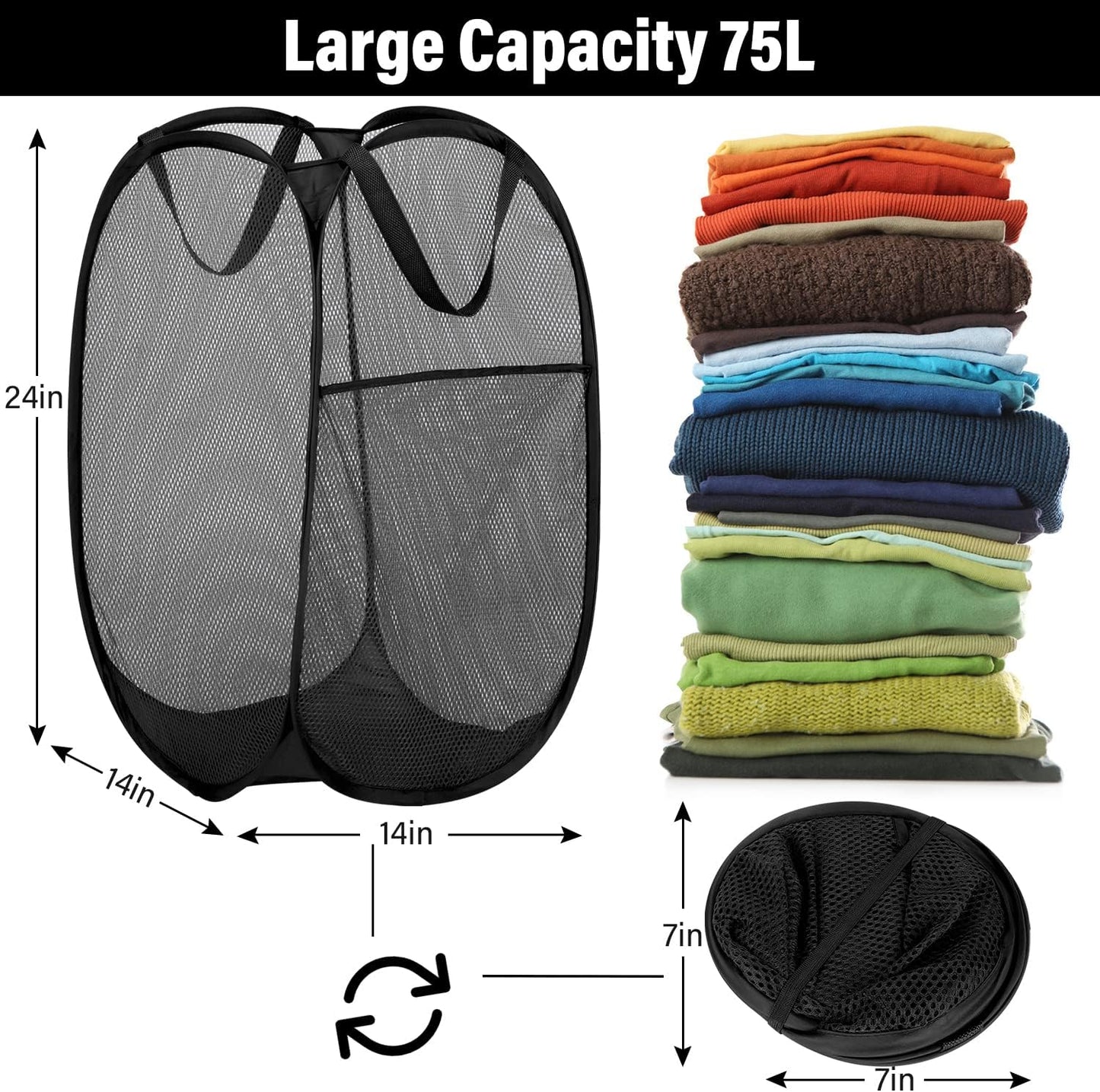 BATTOO Deluxe Strong Mesh Pop up Laundry Hamper Basket with Side Pocket for Laundry Room, Bathroom, Kids Room, College Dorm or Travel 3 Pack Black