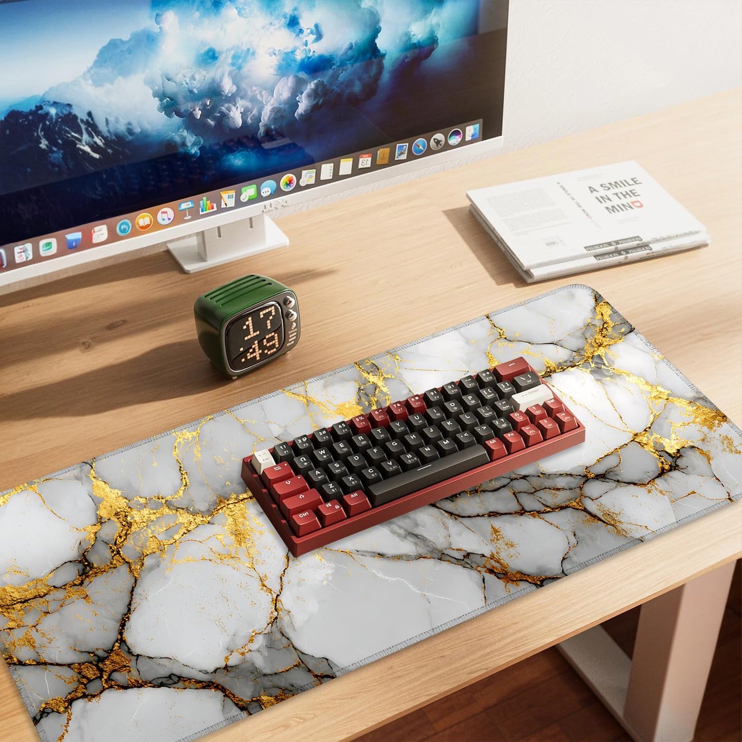 White Marble Mouse Pad – Large Extended Desk Mat 35.43 x 15.75 in – Elegant Gold Vein Design, Non-Slip Rubber Base, Waterproof Surface, Keyboard & Mouse Pad for Office, Gaming, Home Decor
