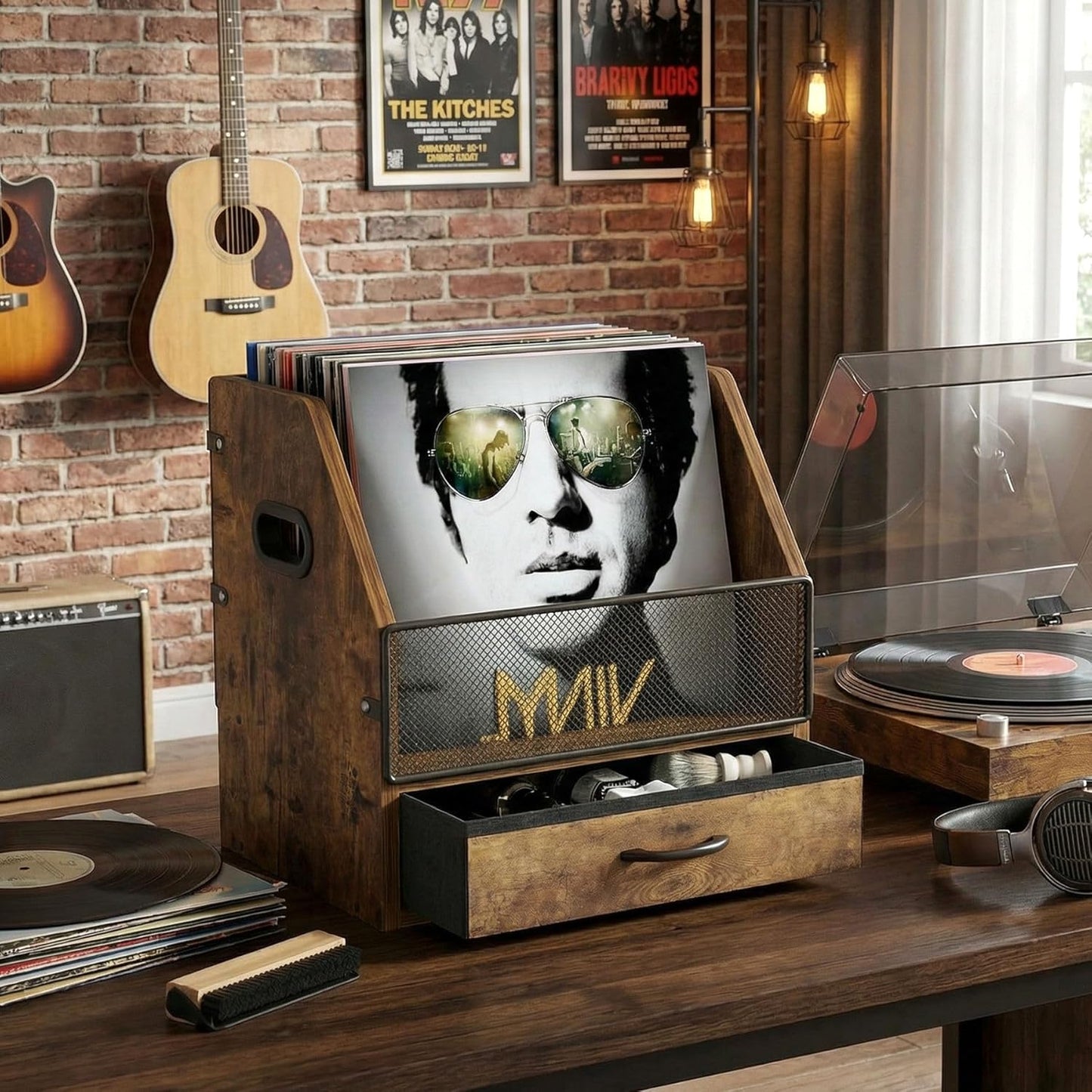 Vinyl Record Storage Crate with Fabric Drawer, Wooden LP Album Storage Holder for 12" Vinyls, All-in-One Organizer Holds 60 LPs