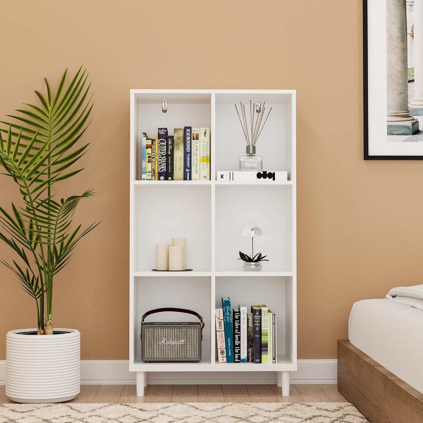 Wood Cube Storage Organizer White Bookshelf - 3-Tier Freestanding Storage Cabinet with Legs for Home Office, 6-Cubes Open Shelf