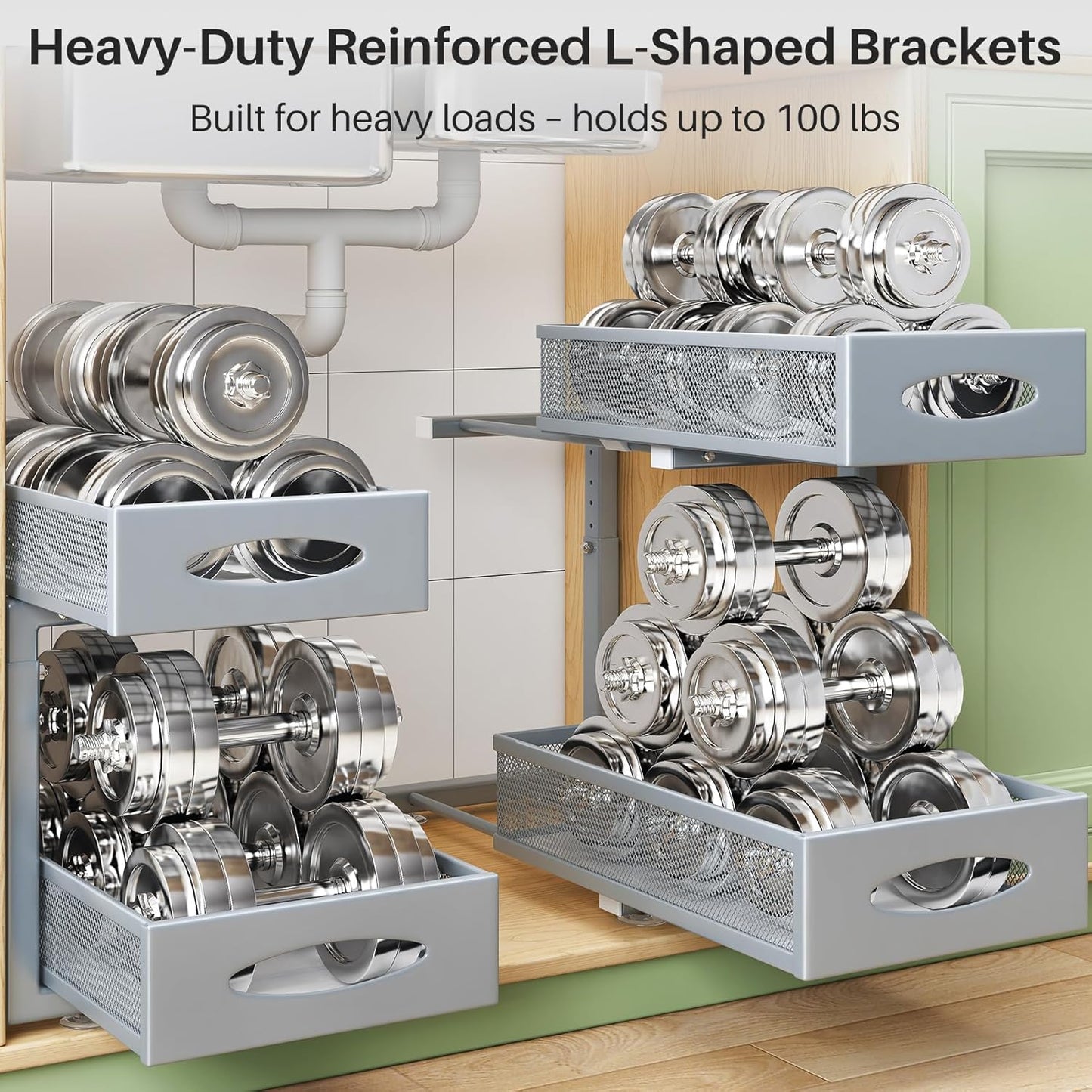 1 Pack Under Sink Organizer, 2 Tier Pull out Cabinet Organizer Mesh Baskets with 5 Adjustable Heights, Sliding Drawers Storage Shelf for Home, Kitchen, Bathroom, Pantry, Office, Countertop ,Grey