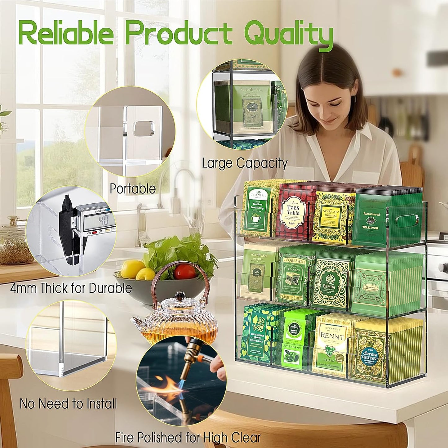 Jumyee 3-Tier Acrylic Tea Bag Organizer & Storage Box, 12 Compartment Portable Teabags Organizer for Cabinet Countertop, Coffee & Tea Station Organizer for Home Office