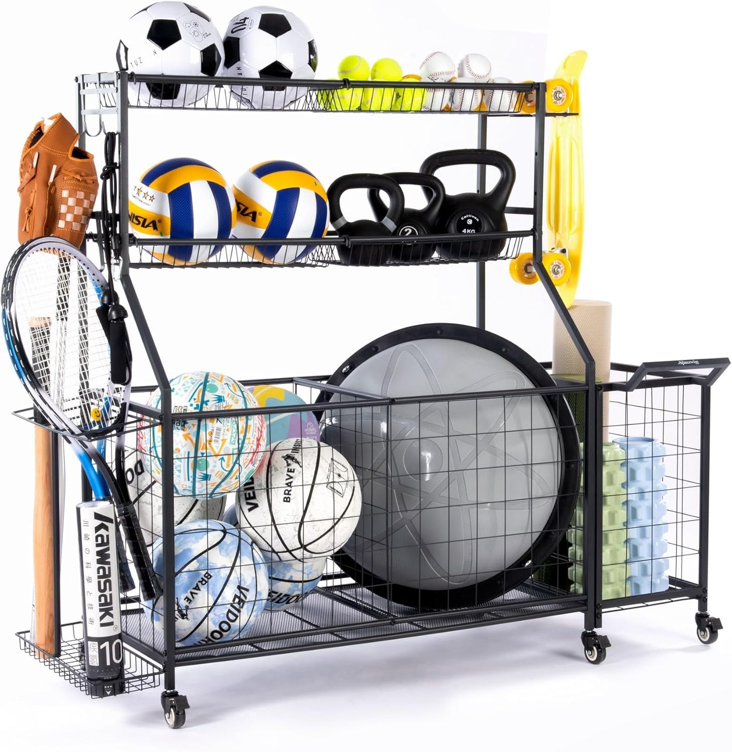 SpaceWise Sports Equipment Organizer – Garage Ball Storage Rack with Hooks, Baskets, Wheels & Detachable Portable Side Cart, Golf Organizer, Gym Equipment & Toy Storage Solution, Charcoal Finish