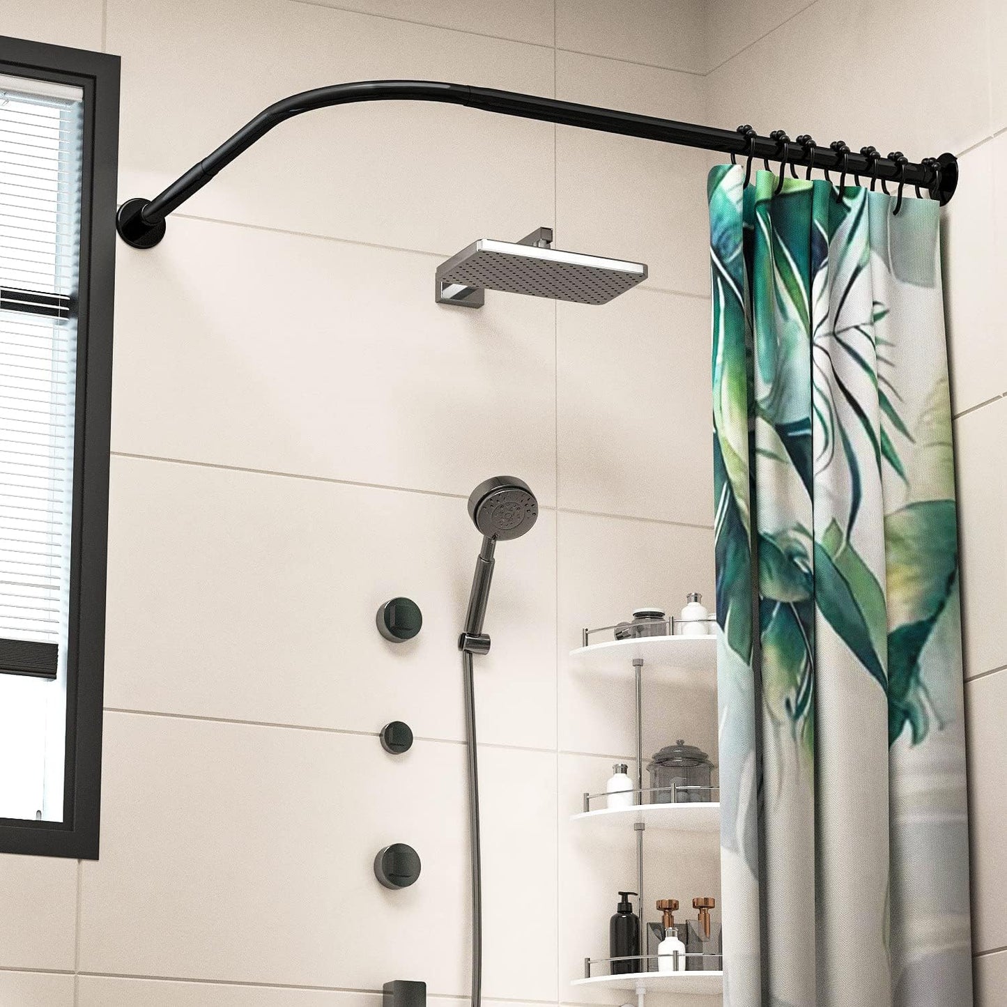 Adjustable Corner Shower Curtain Rod L Shaped Black Stretchable 304 Stainless 27"- 39"X47"- 65" Drill Free Install for Corner Bathtub with Free Hooks