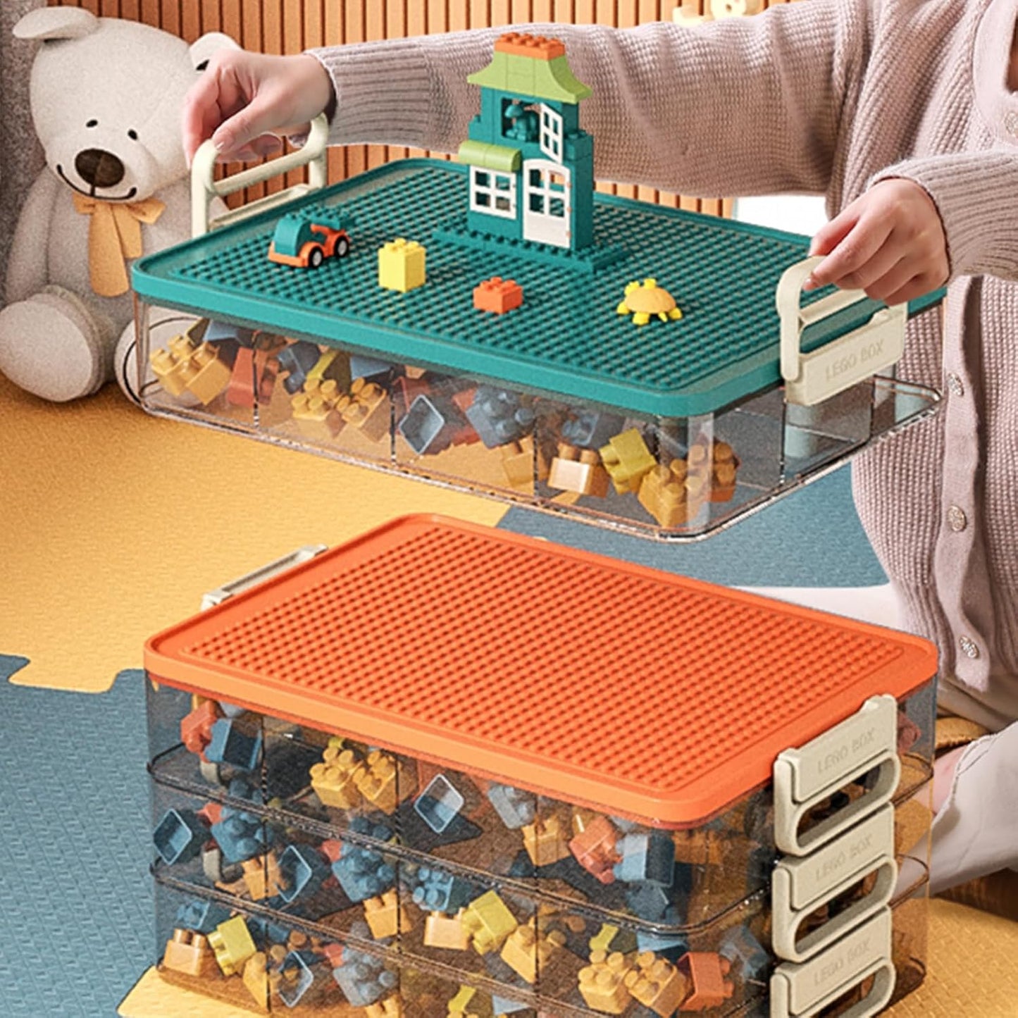 Toys Storage Organizer Bins for Lego, Stackable Toys Organizer, Lego Building Block Storage, Toy Storage Box with 24 Palace Grids, Plastic Stackable Organizer Bins (Green 3layers)