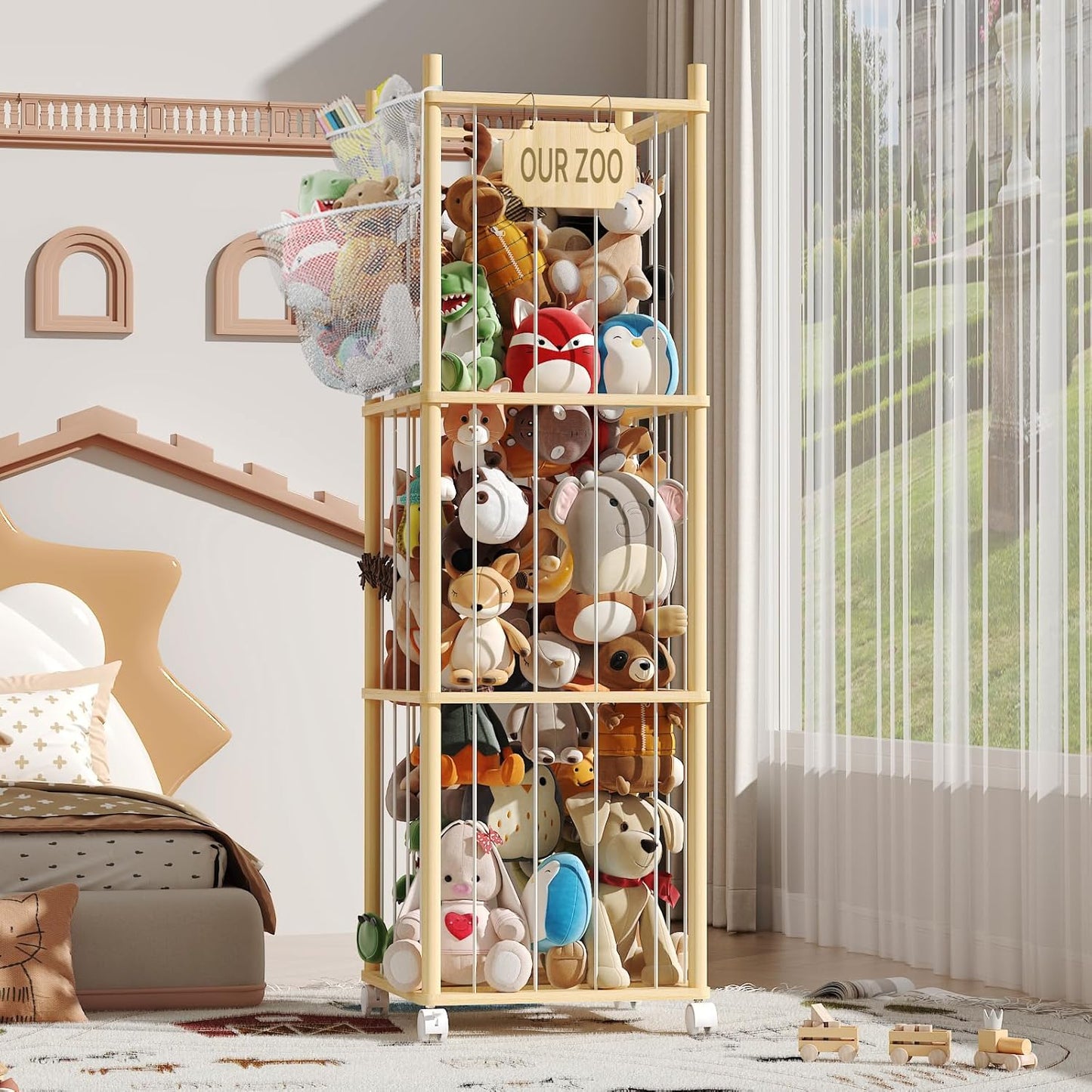 Stuffed Animal Storage, Wood Stuffed Animal Zoo with Wheels & Net, Toy Storage Organizer with Elastic Band, Large Capacity Toy Holder for Nursery, Playroom (3layers)