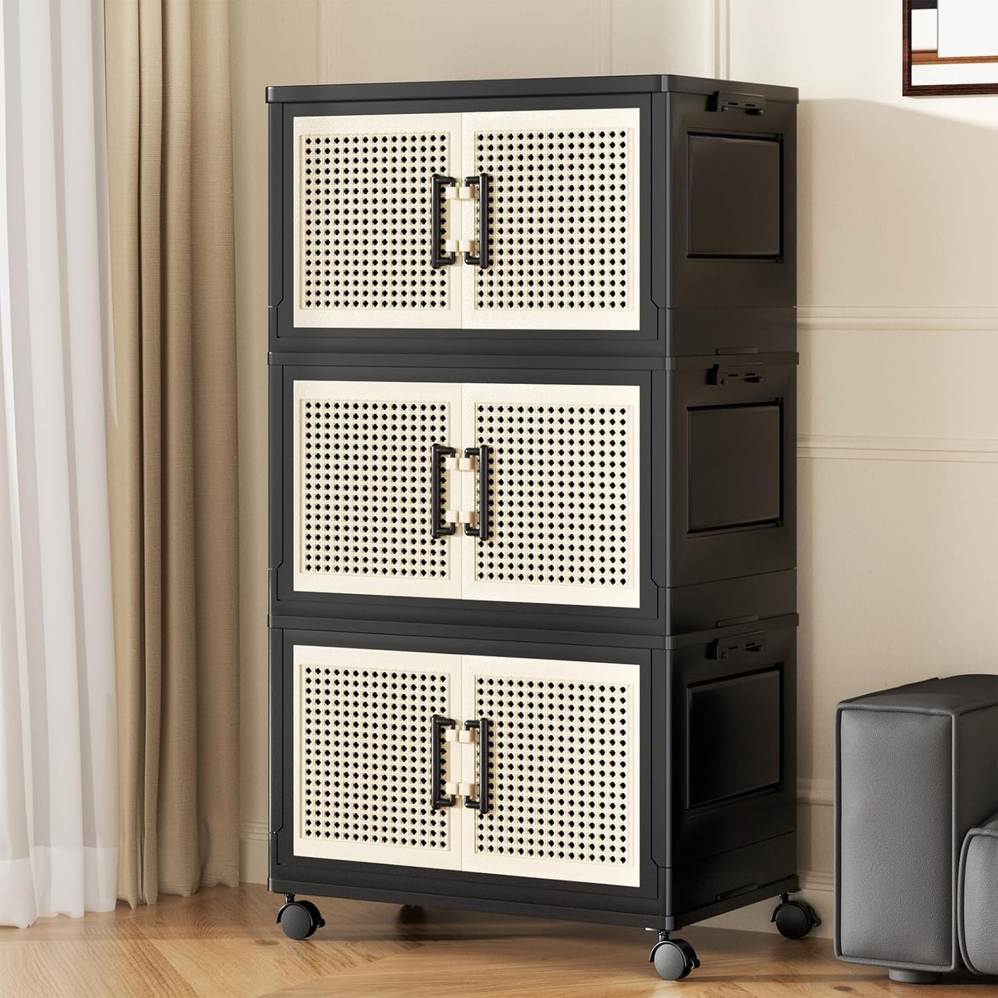 Stackable Storage Bins with Lids,Collapsible Plastic Storage Box Closet Organizers and Storage with Wheels and Magnetic Door for Home Office Dorm (3 Pack)