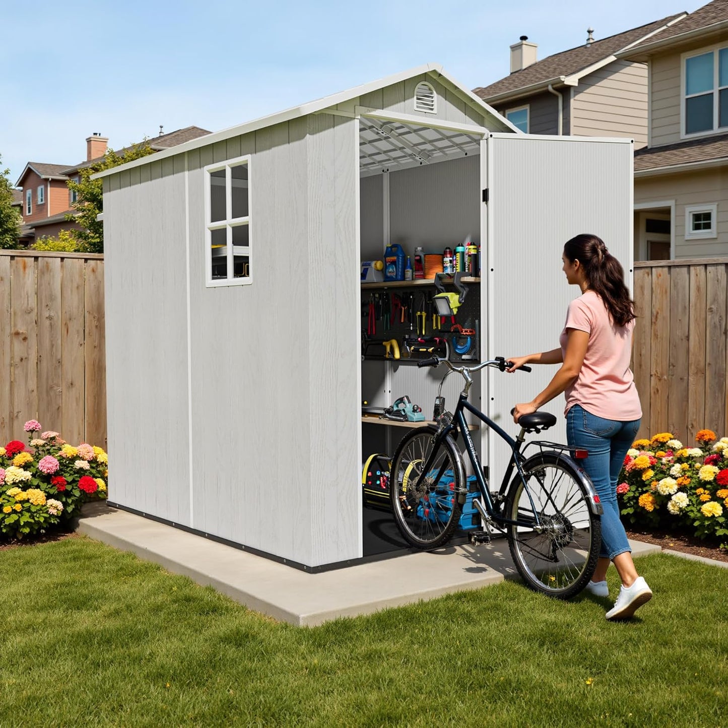 Devoko 4x6 FT Outdoor Storage Plastic Shed, Waterproof Resin Garden Shed with Lockable Door, Floor & Window, All-Weather Tool Shed for Backyard, Patio, Lawn, Poolside