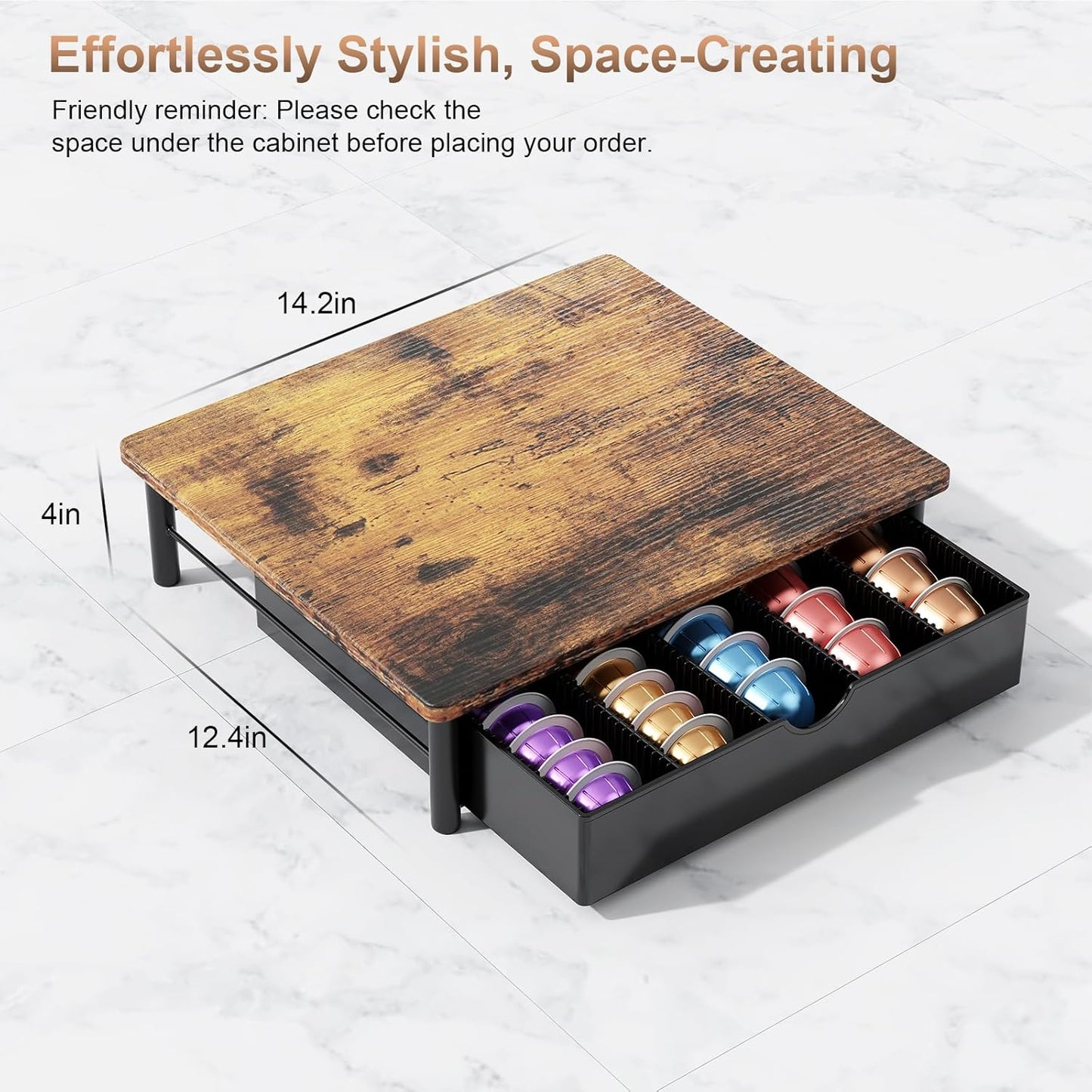 Coffee Pods Drawer Organizer Compatible with Nespresso Vertuo Pods Holds Up to 60 Small or 40 Large (Wood)