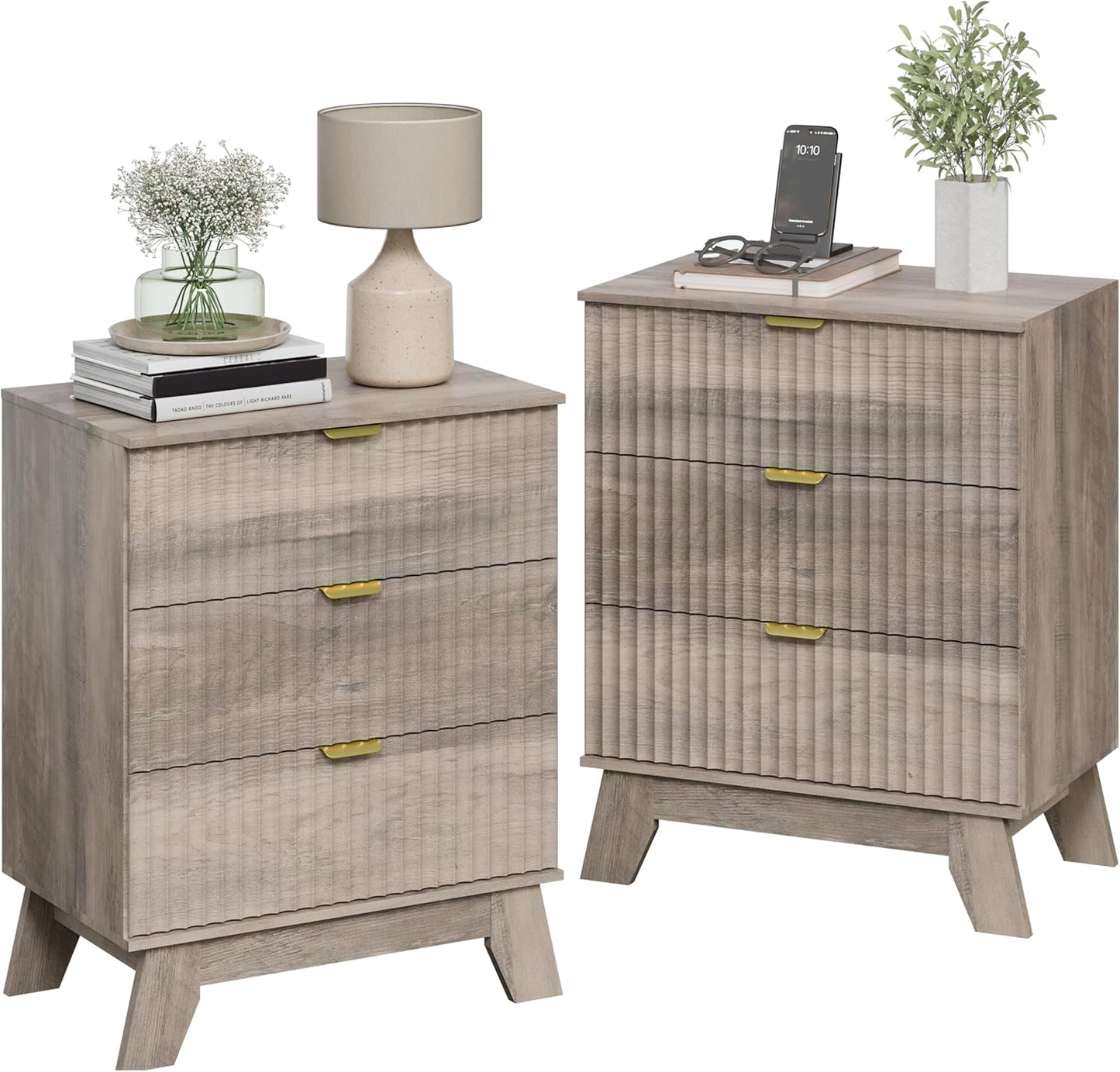 Night Stand Set 2, Bedside Table & End Table, Mid Century Modern Fluted Wood Nightstand with 3 Drawers & Metal Handles, Farmhouse Nightstand for Bedroom, Grey