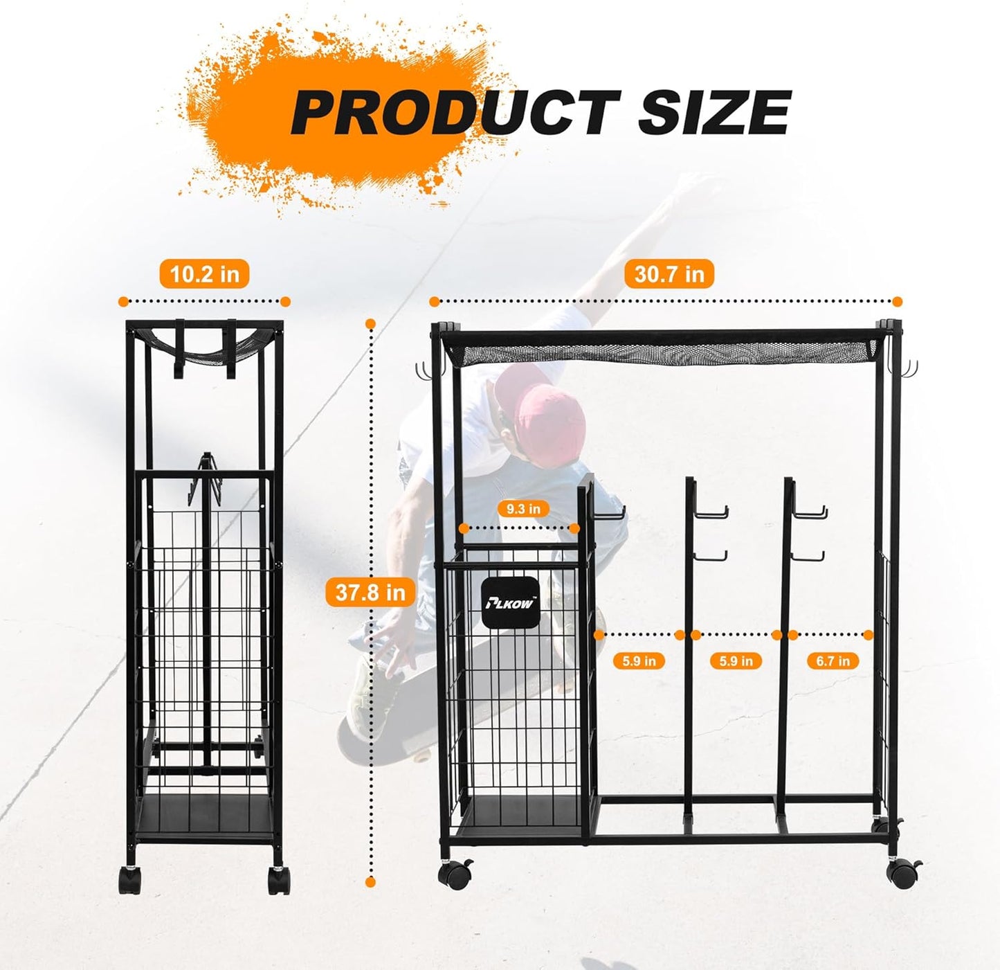 PLKOW Skateboard Storage Rack with Wheels, Sports Organizer for Skateboards, Scooters, Balls, Helmets and Sports Gear, Heavy Duty Sports Storage Rack for Garage, Home or School Use