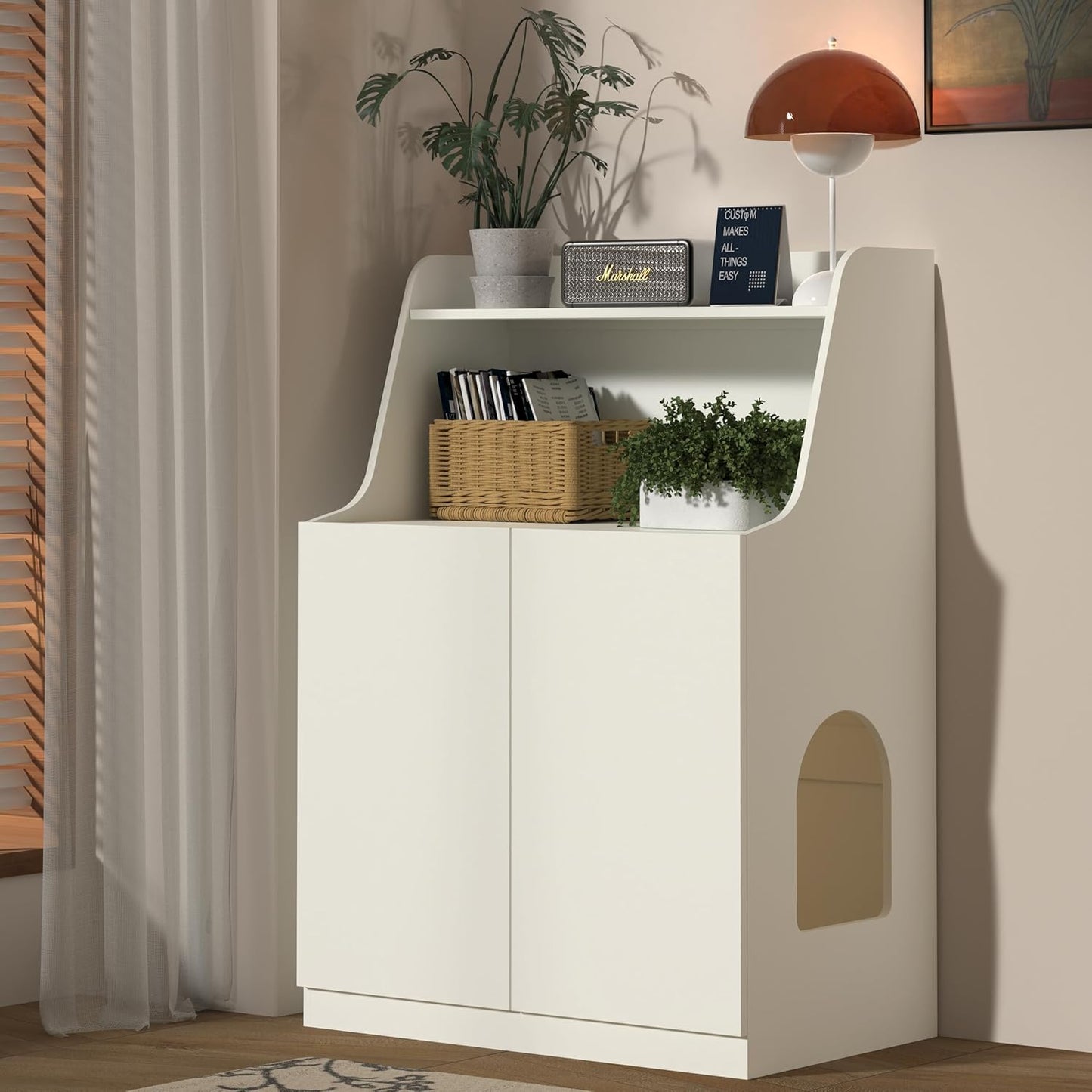 Large/Tall Litter Box Enclosure, Modern Wooden Litter Box Furniture for XL Litterbox with Open Shelf as Sideboard Cabinet (White)
