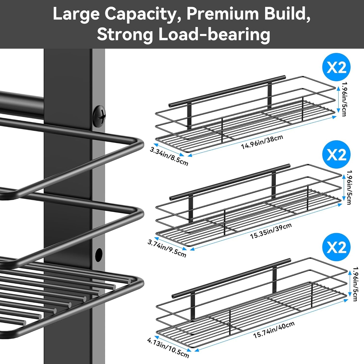 6-Tier Over The Door Spice Rack, Large-Capacity Adjustable Hanging Pantry Organizer 3 Size Baskets, No-Sway No-Drill Door Mount, Heavy-Duty Rustproof Steel, 15.75″ Wide, Black