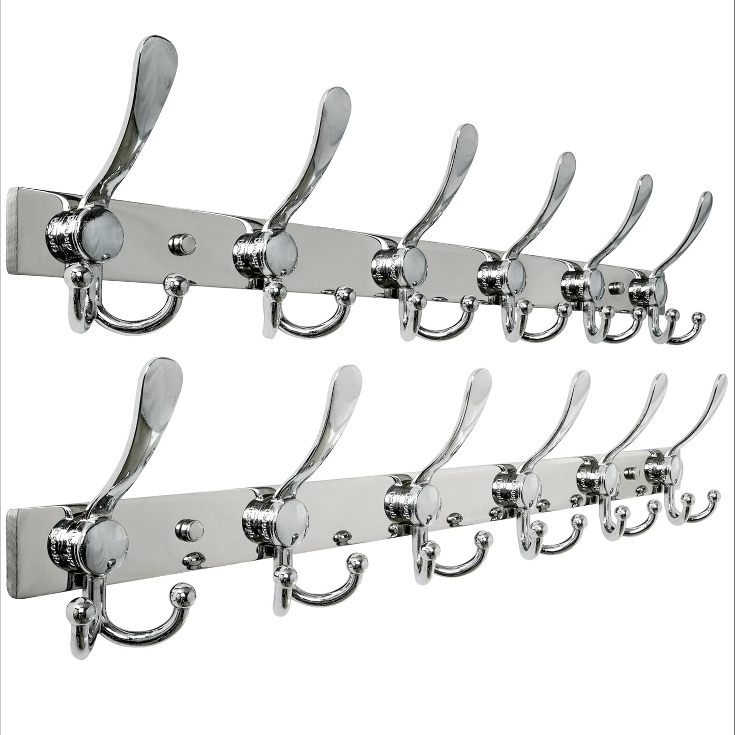 Dseap Coat Rack Wall Mount 2.0 Pro: 24” Long, 3X Tougher, Heavy Duty Stainless Steel Wall Coat Hanger with 6 Tri Hooks for Clothes Jackets Hats Entryway Closet, Chromed, Pack of 2