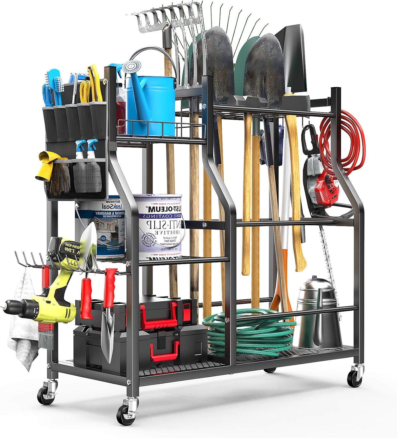 Large Garden Tool Organizer, 36" L x 37.25" H Metal Yard Tool Storage Rack with Multi Tier Shelves, Long-Handle Tool Holder with Wide & Narrow Slots, Hooks & Storage Pockets for Garage