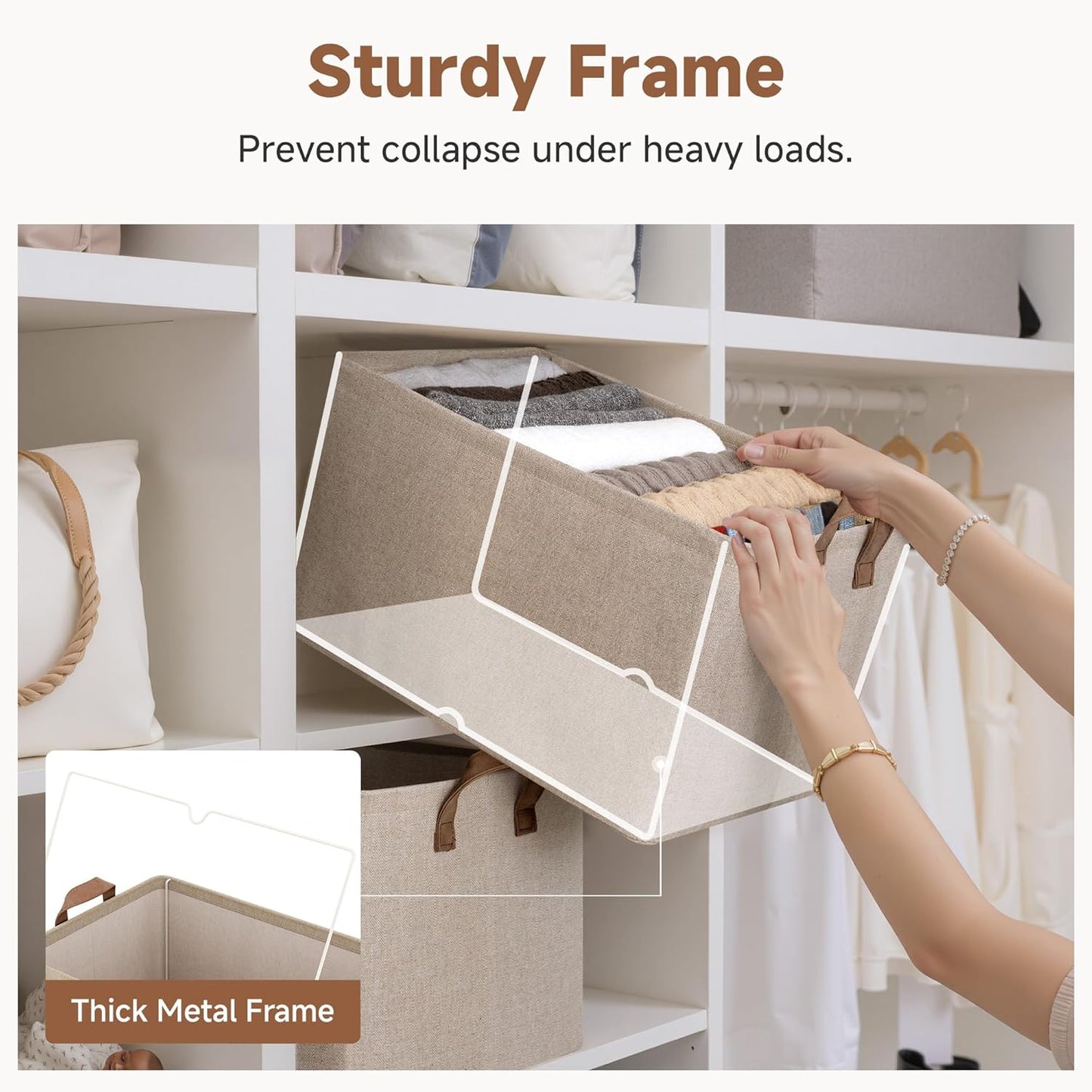 StorageWorks Storage Bins, Fabric Storage Bins for Shelves, Extra Large Storage Baskets with Metal Frame, Closet Baskets and Bins with Handles, Jumbo, Brown and Beige, 2-Pack