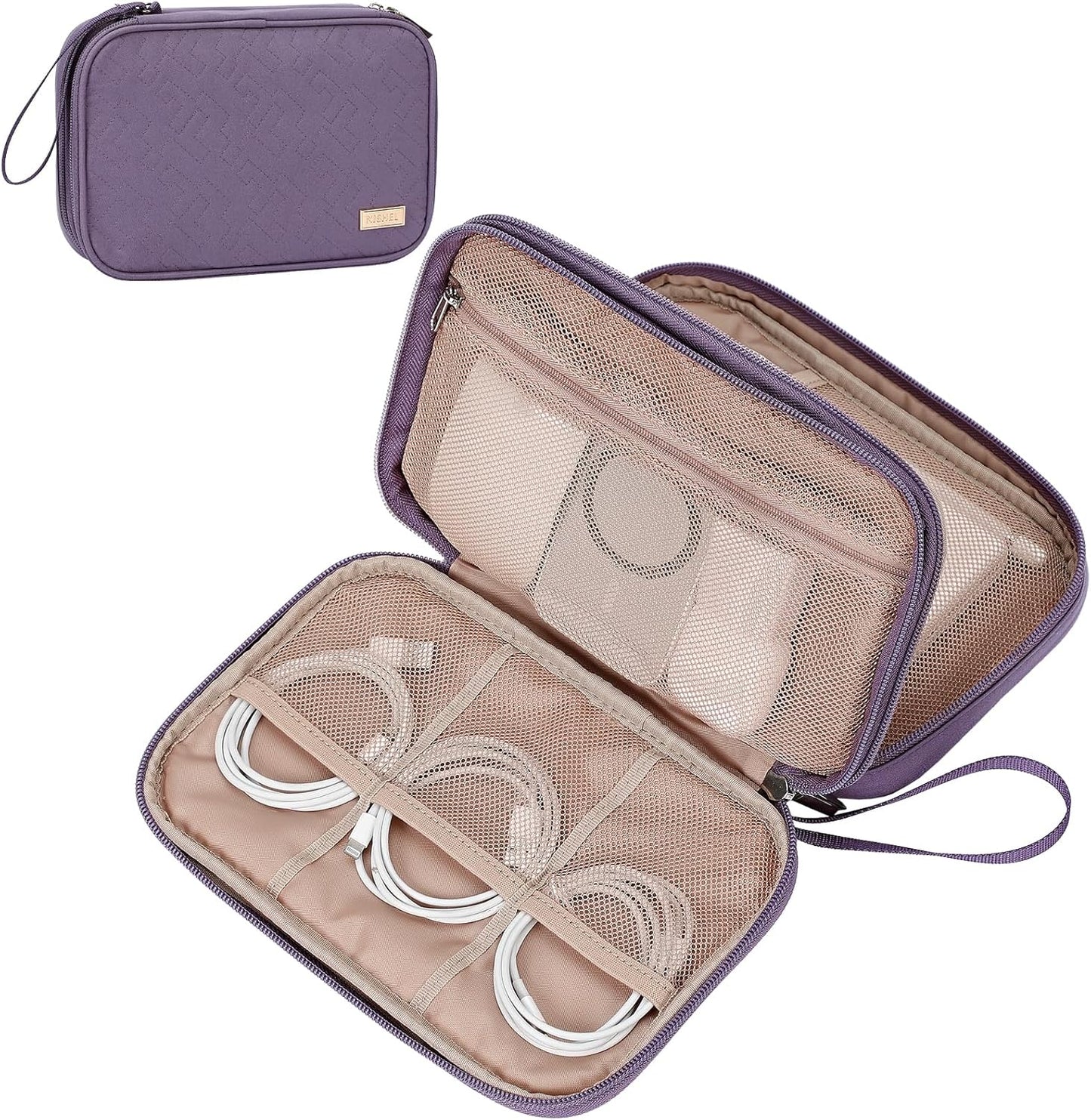NISHEL Travel Cord Organizer Case, Double Layers Tech Electronic Bag, Essentials for Charger, Cable, Phone, Flash drive, Large, Purple