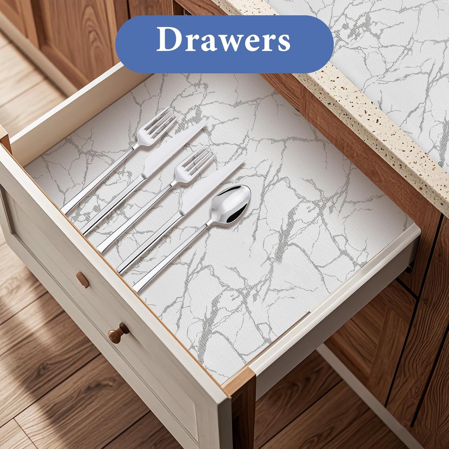 Drawer and Shelf Liner for Kitchen Cabinet: 17 in X 20 Ft Non Slip Waterproof Shelf Paper Non Adhesive Refrigerator Liners Silver Marble Easy Liners for Bathroom with Knife Tape Measure