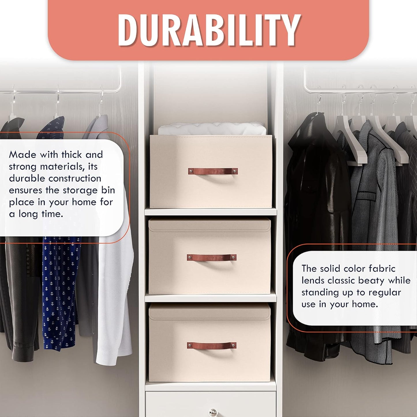 Ornavo Home 6 Pack Collapsible Storage Bins with Lid, Foldable Linen Fabric Shelf Storage Basket Closet Organizer and Large Storage Box for Clothes with Leather Handles, 16.5 x 11.8 x 7.5, Beige